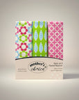 Pack of 3 flannel receivers with colorful patterns on a gray background