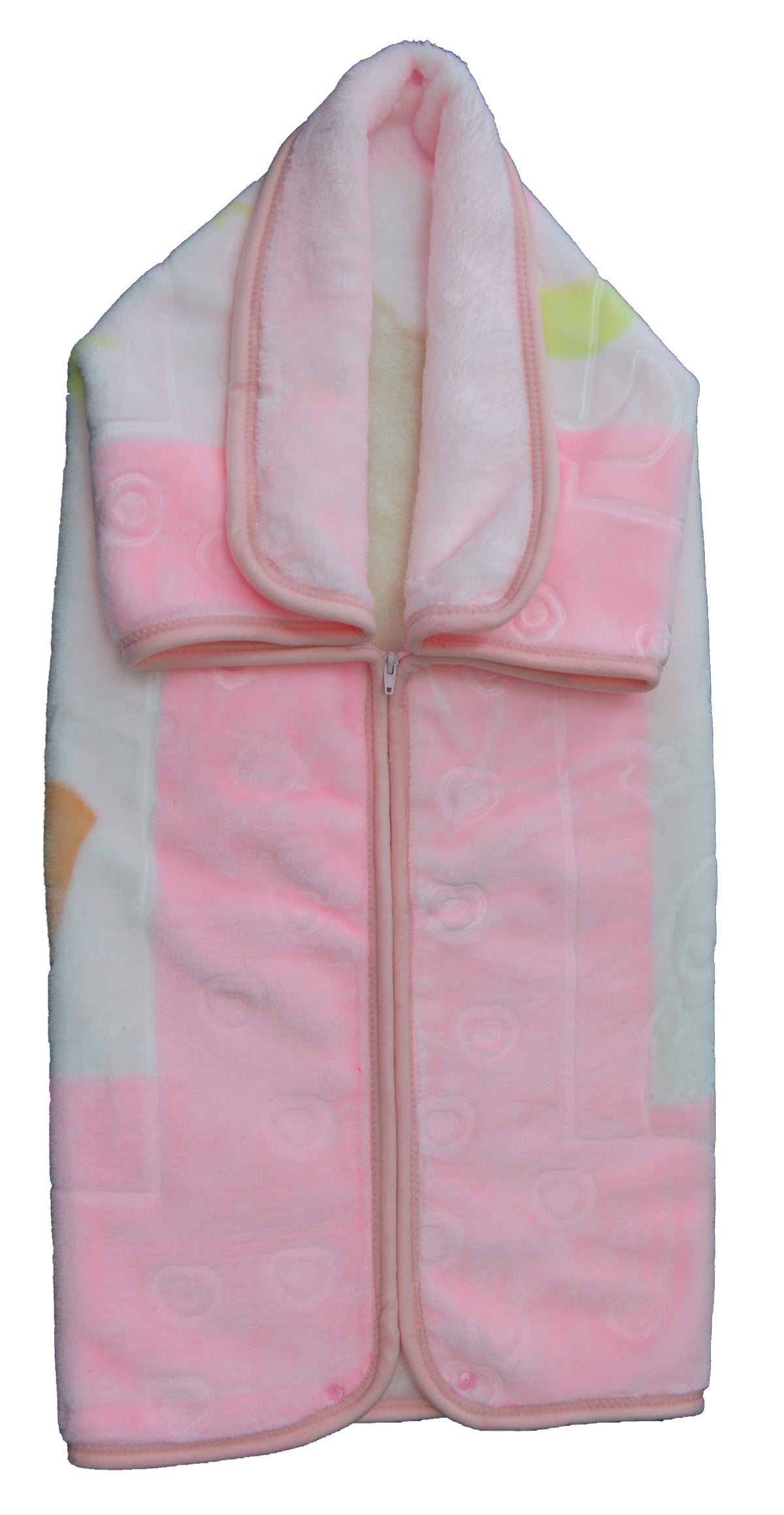 Folded pink baby blanket with cartoon designs on a white background