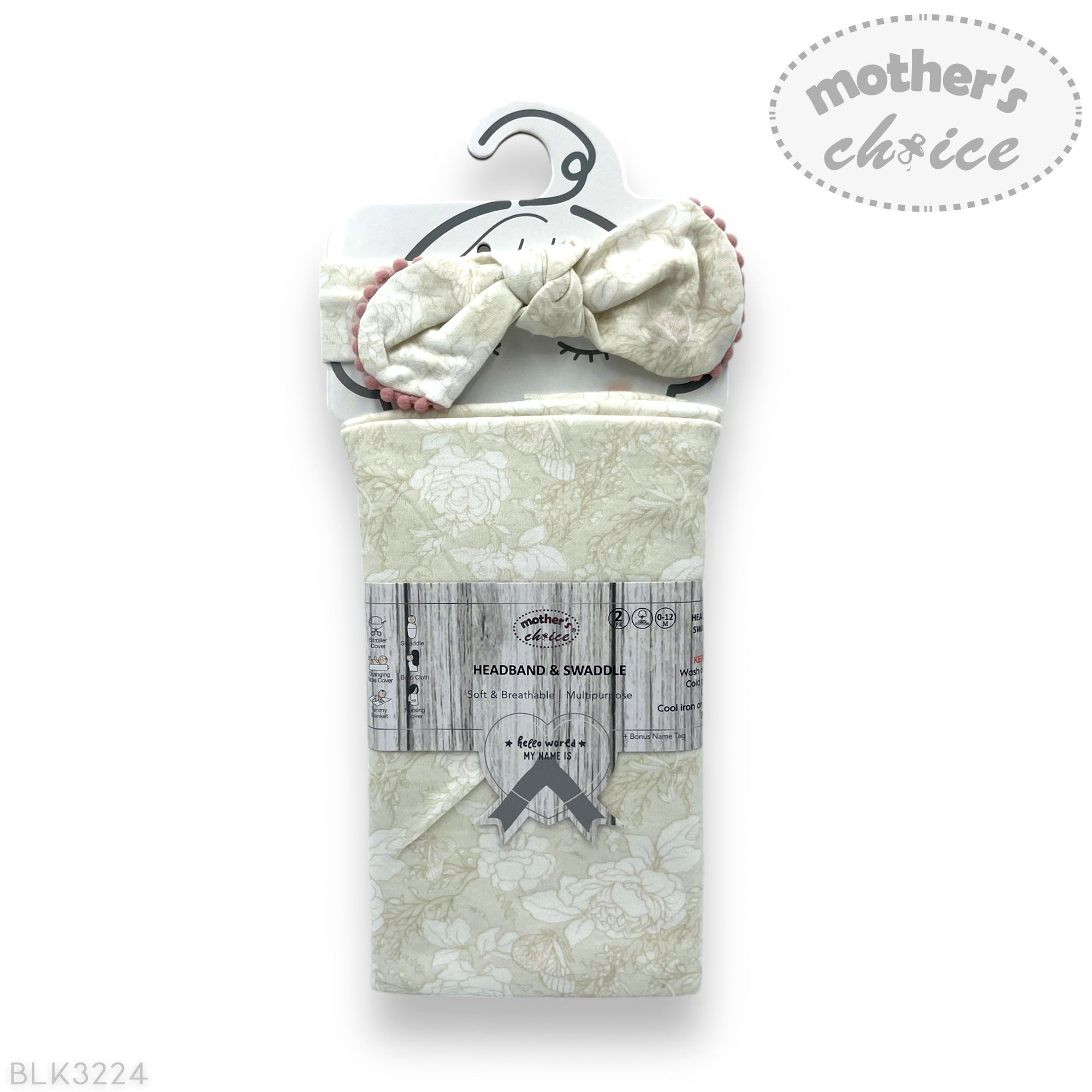 Baby headband and snood set with packaging on a white background, featuring 'mother's choice' branding.
