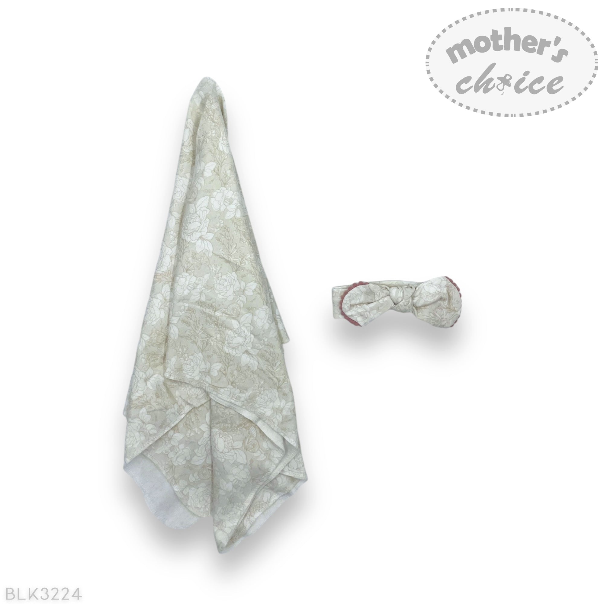 Baby blanket with floral pattern and matching headband on a white background, branded 'Mother's Choice'.