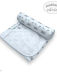 Roll of blue baby blanket with animal pattern on a white background, featuring 'Mother's Choice' brand.