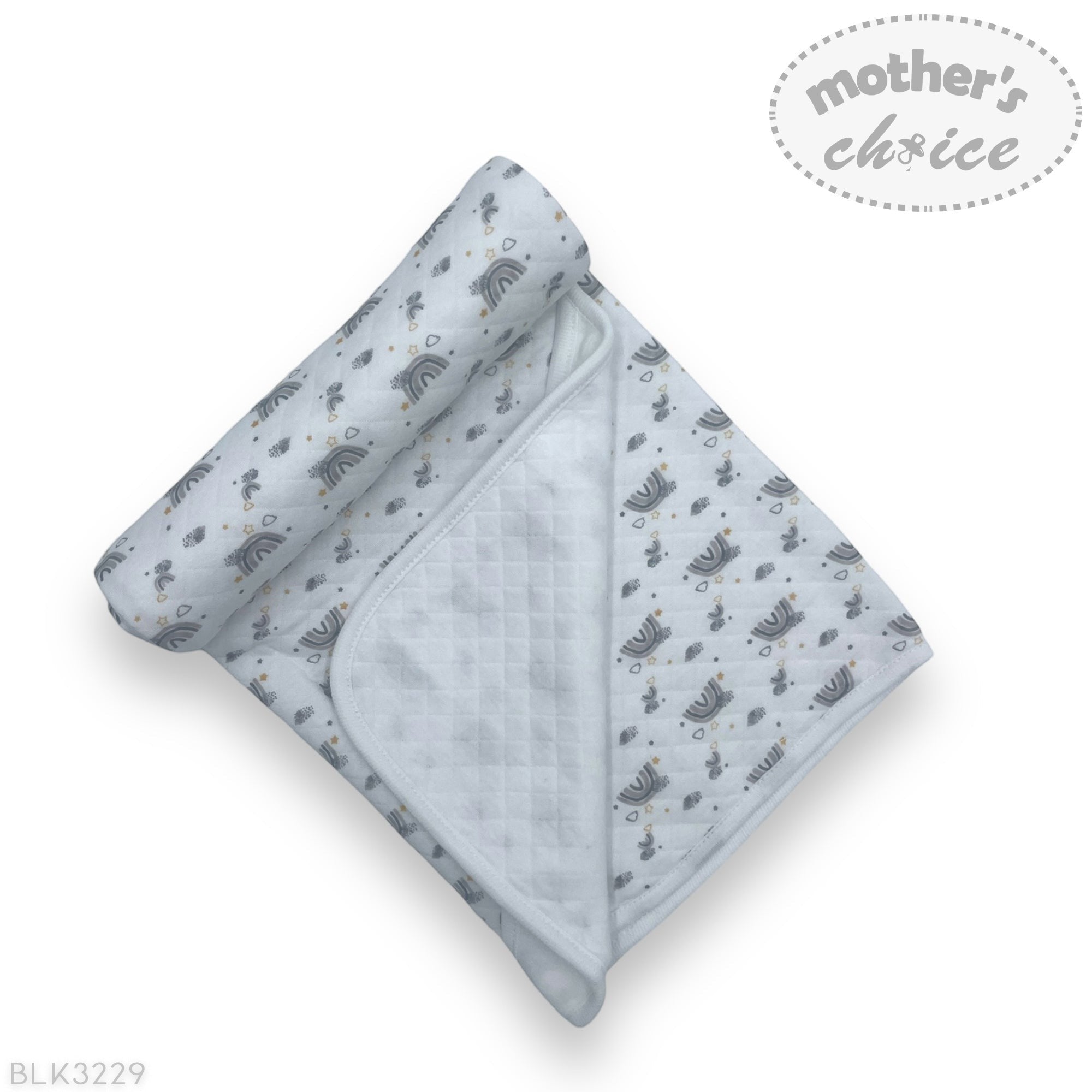 Folded baby blanket with animal pattern on a white background, branded 'Mother's Choice'.