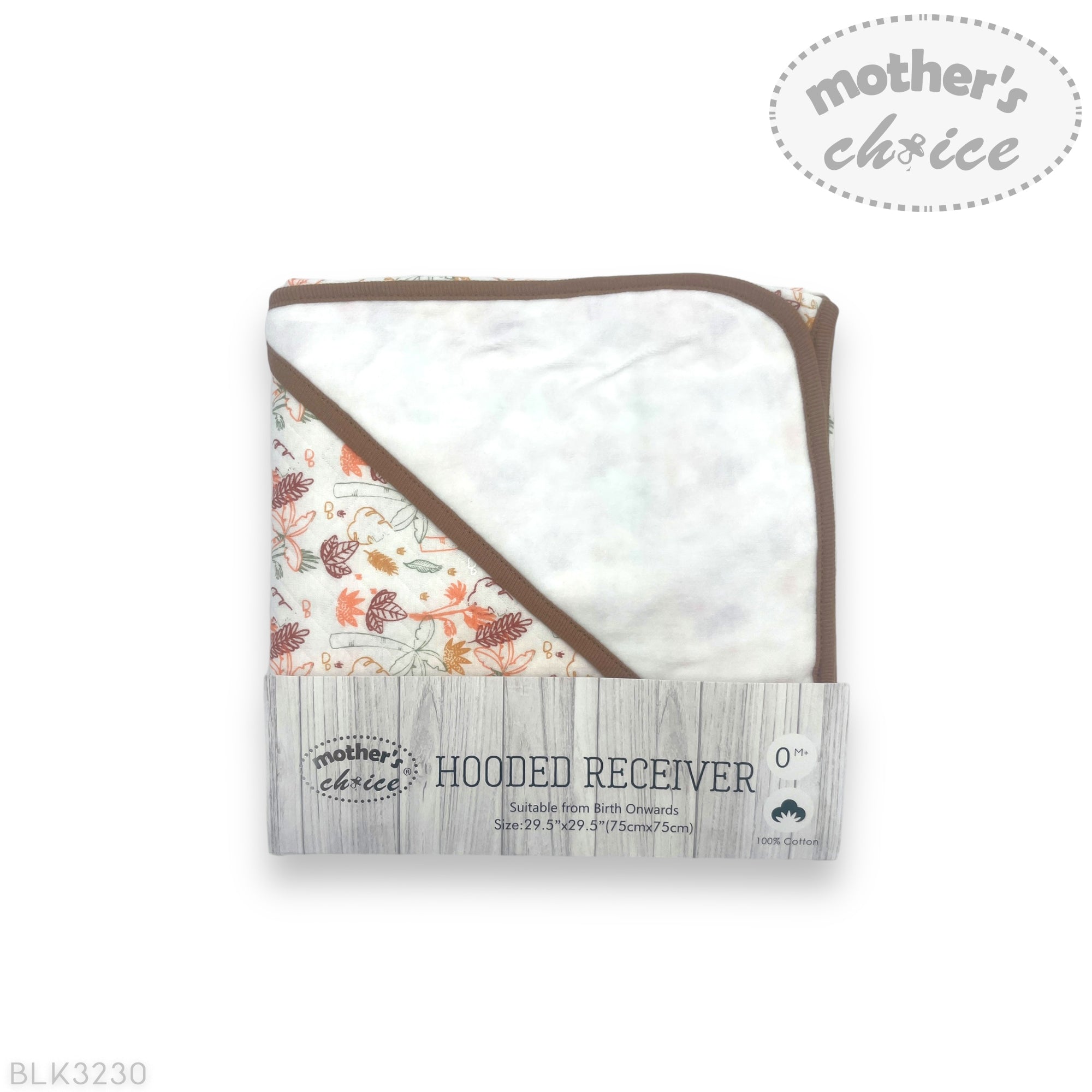 Hooded receiver blanket with floral pattern on a white background, branded 'Mother's Choice'.