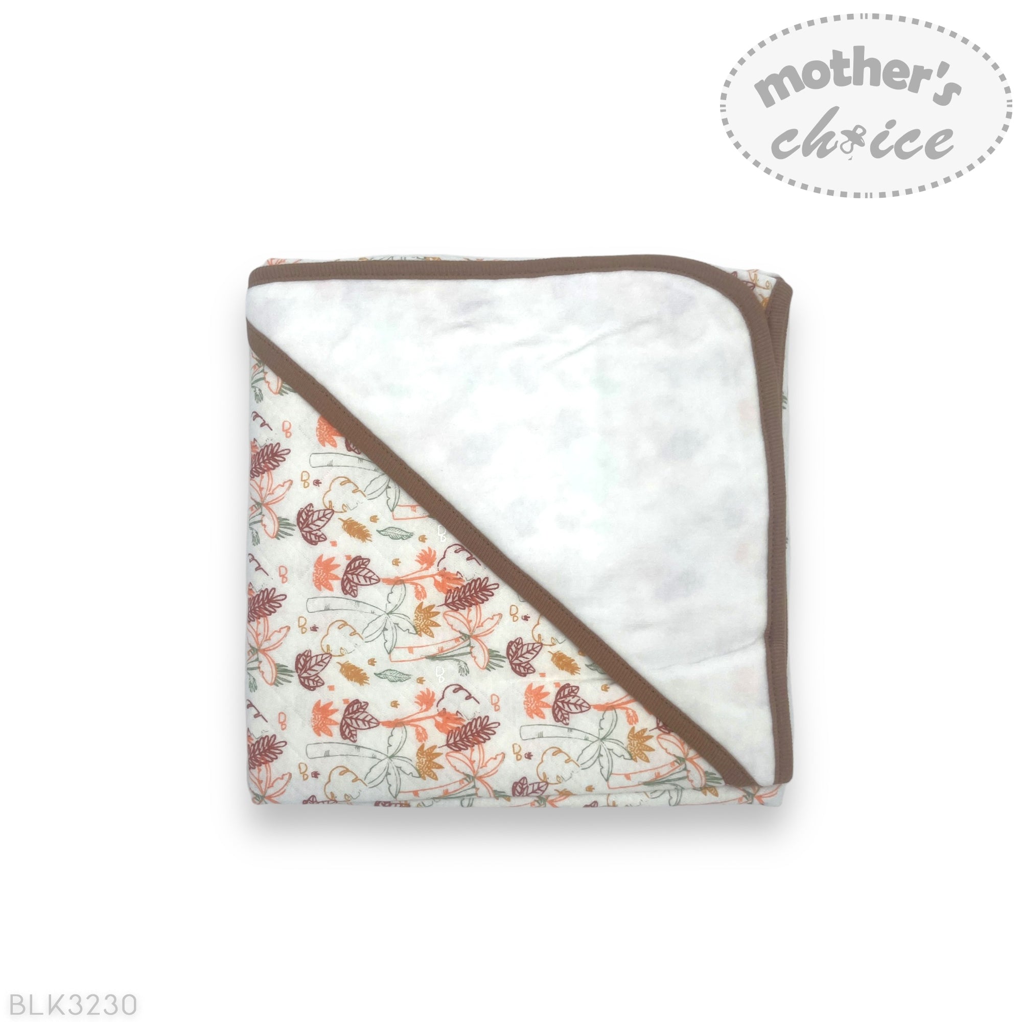 Baby blanket with hedgehog pattern and brown border on a white background, featuring 'Mother's Choice' branding.