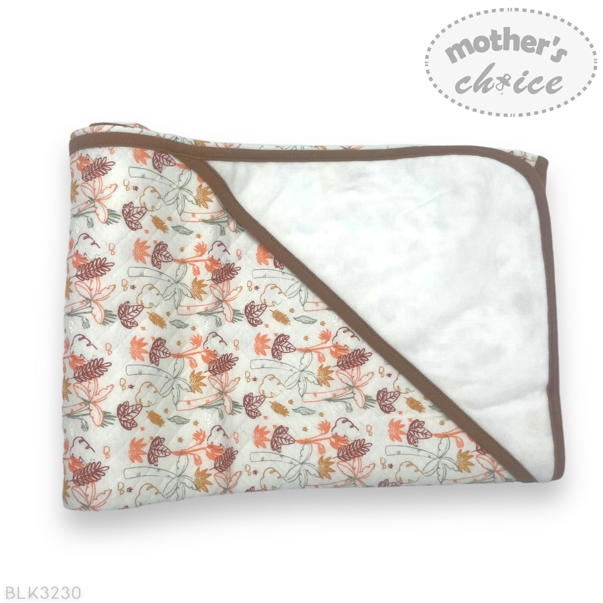 Floral patterned baby blanket with brown border on a white background, branded 'Mother's Choice'.
