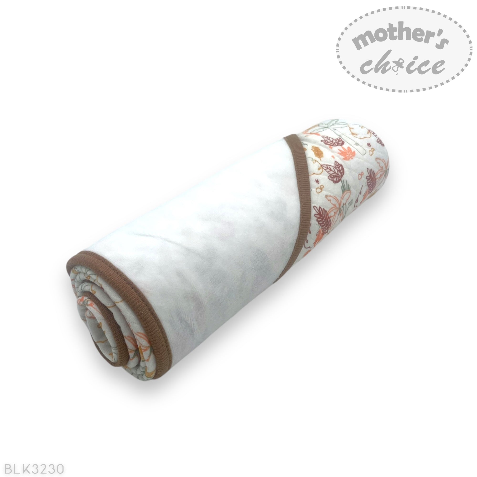 Rolled-up baby blanket with floral pattern on a white background, featuring 'Mother's Choice' branding.