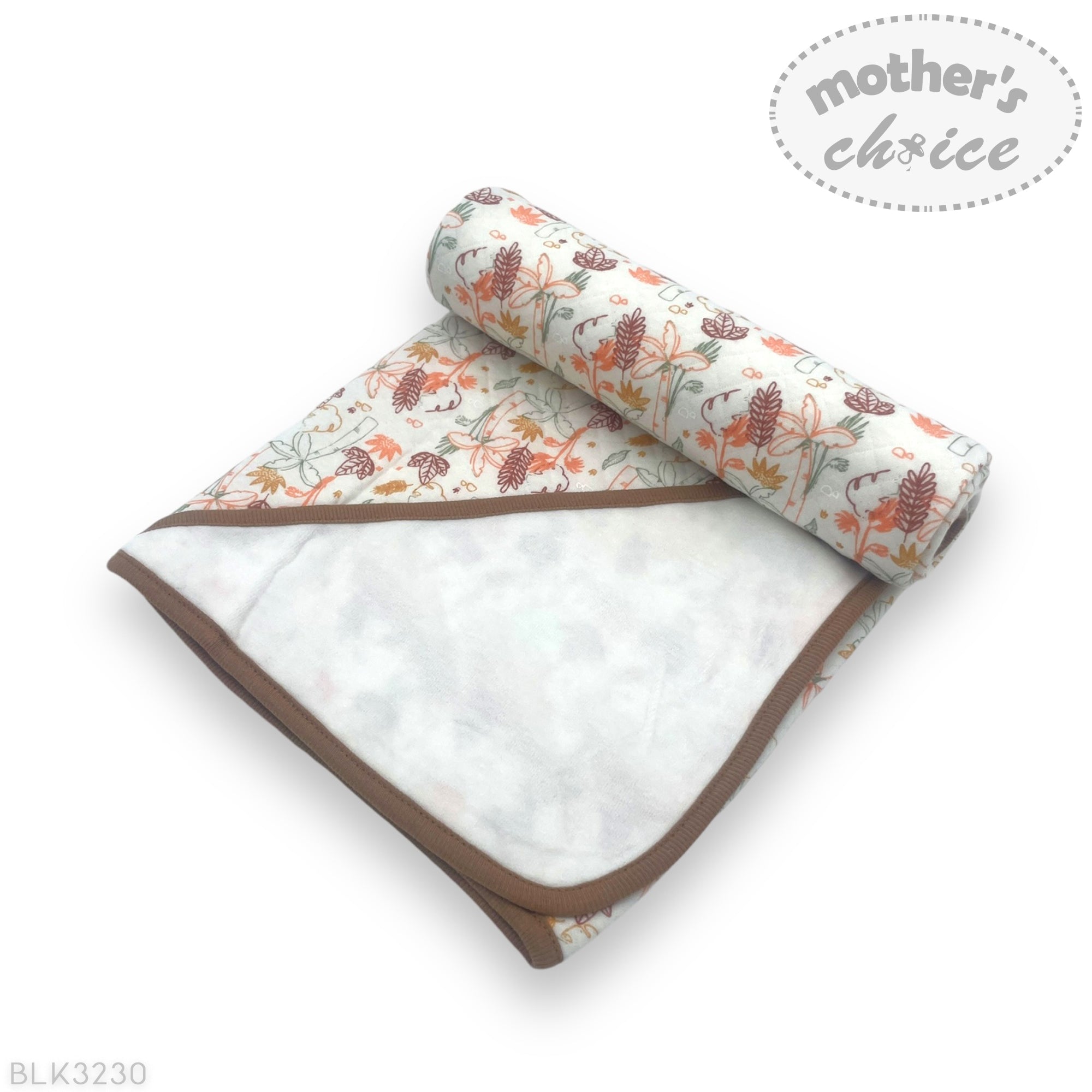 Baby blanket with floral pattern and brown border on a white background, featuring 'Mother's Choice' branding.