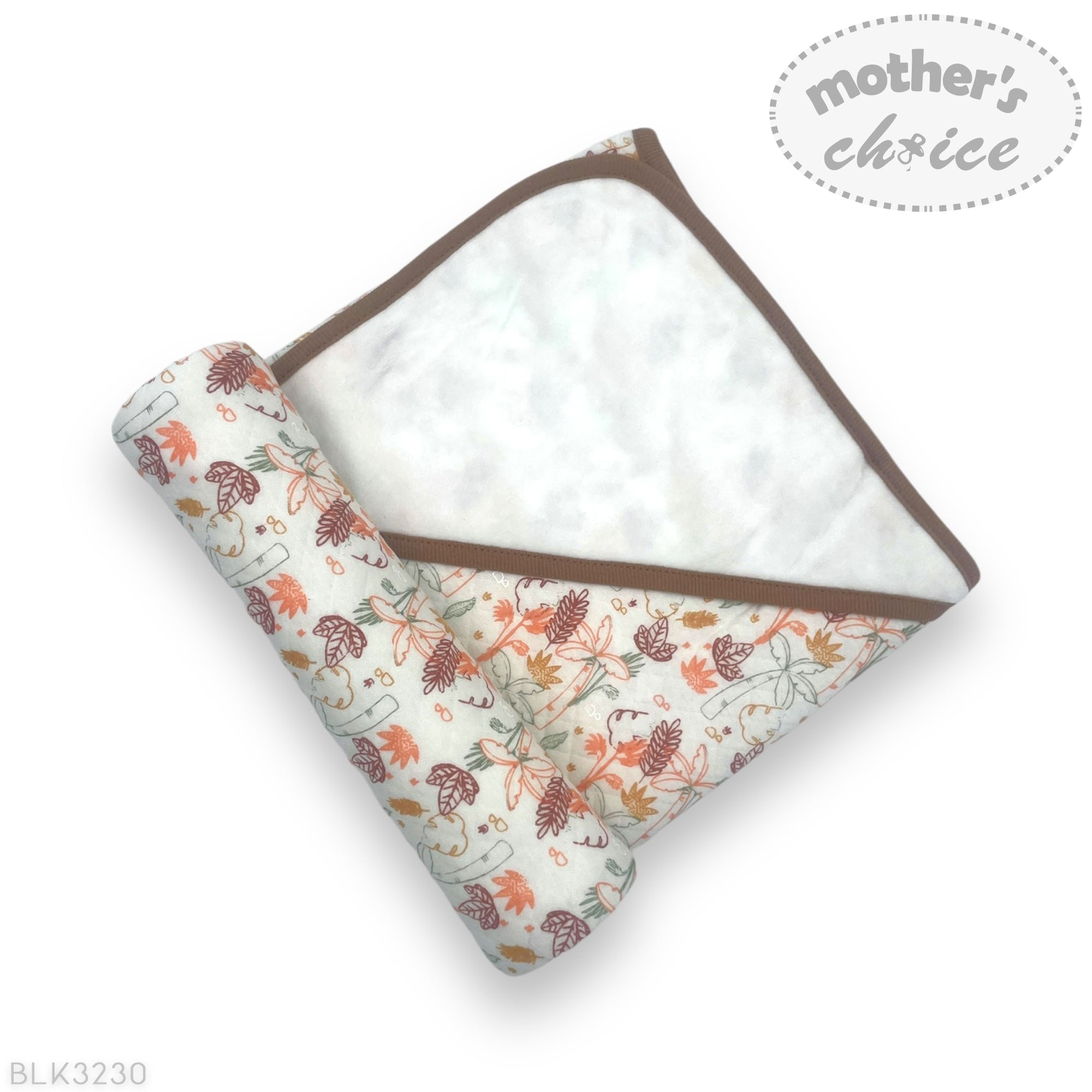 Floral-patterned baby blanket with brown border on a white background, featuring 'mother's choice' branding.