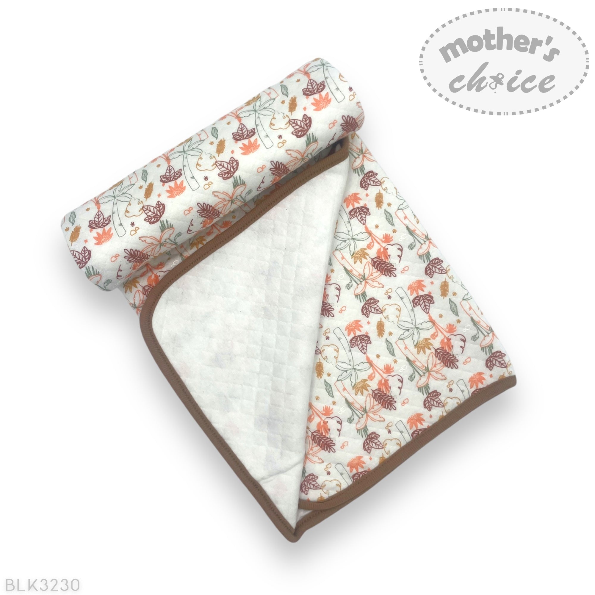 Baby blanket with floral pattern and brown border on a white background, featuring 'mother's choice' branding.