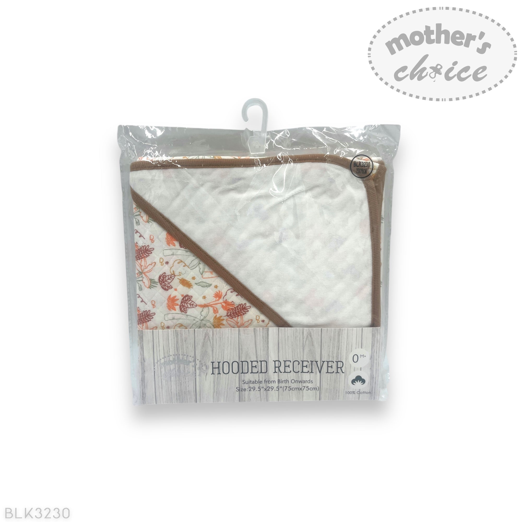 Packaged hooded receiver with floral pattern on a white background