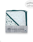 Hooded receiver blanket with green border and 'Mother's Choice' branding on a white background