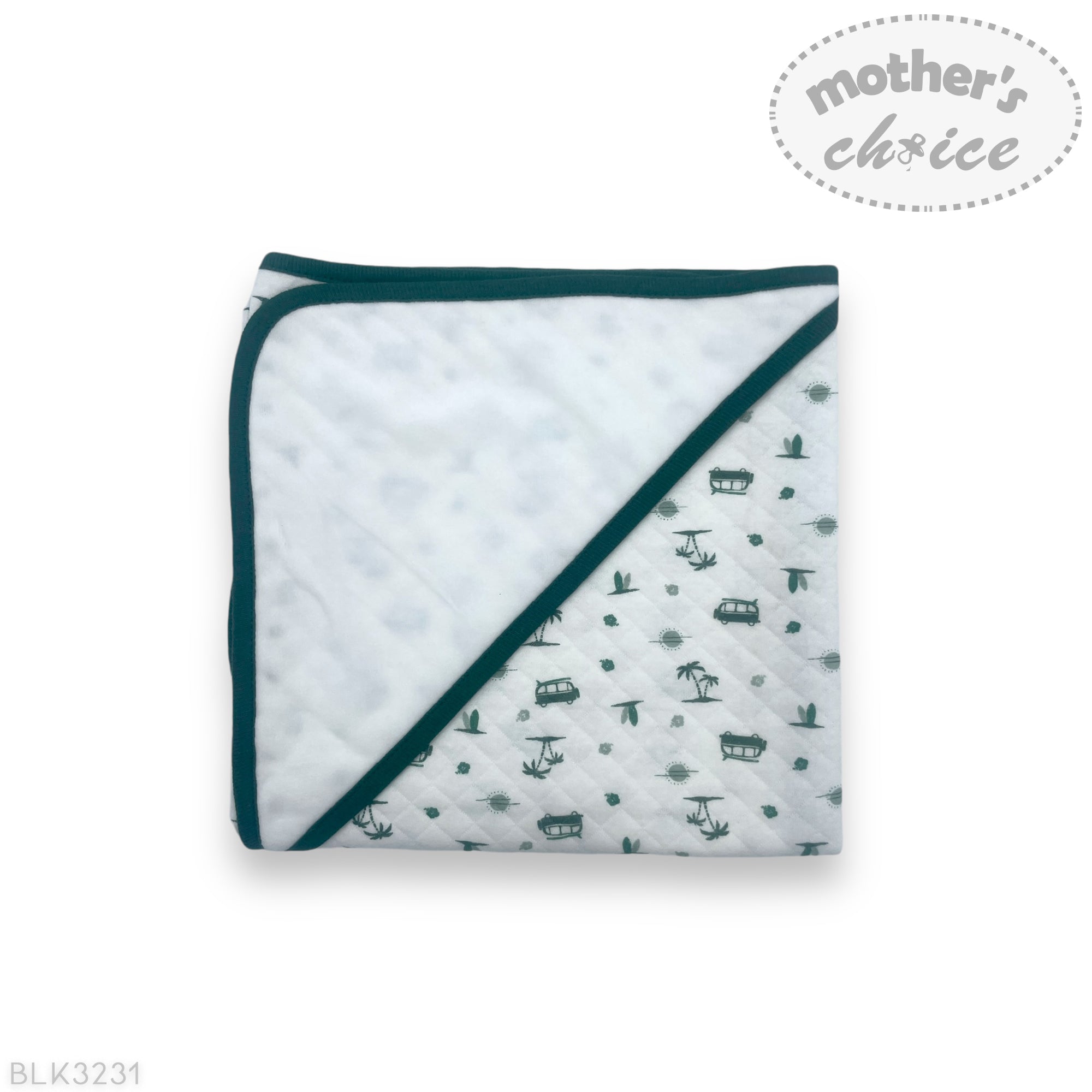 Baby blanket with green border and small prints on a white background, featuring 'Mother's Choice' branding.