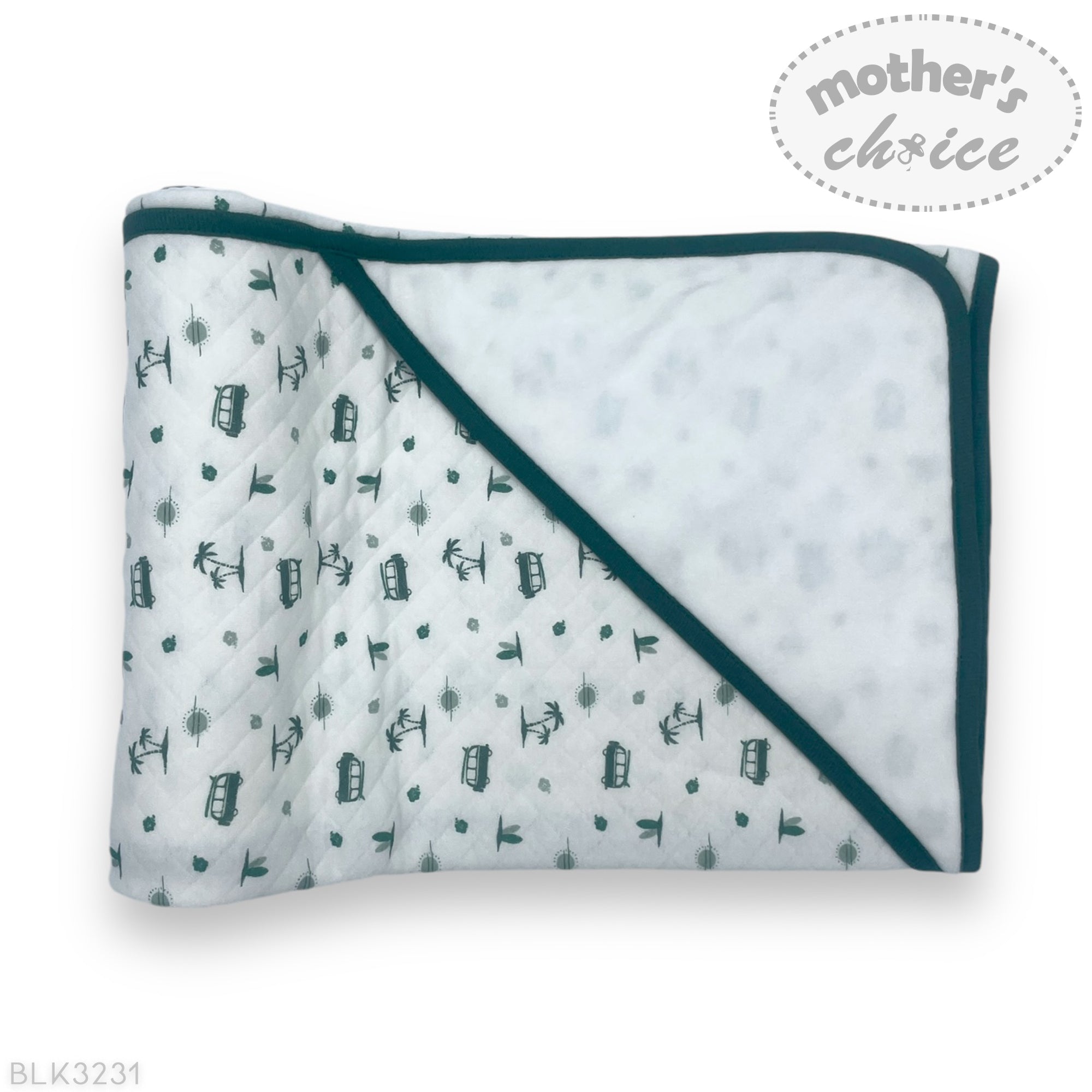 Baby blanket with green border and small patterns on a white background, branded 'Mother's Choice'.