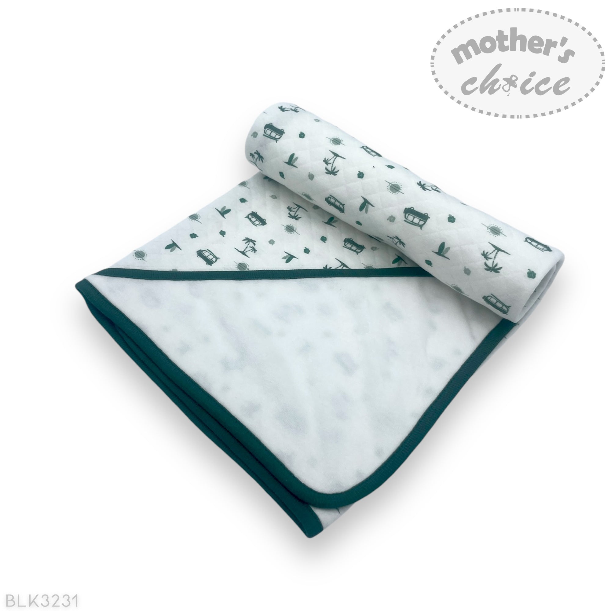 Baby blanket with green border and small patterns on a white background, featuring 'Mother's Choice' branding.