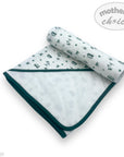 Baby blanket with green border and small patterns on a white background, featuring 'Mother's Choice' branding.
