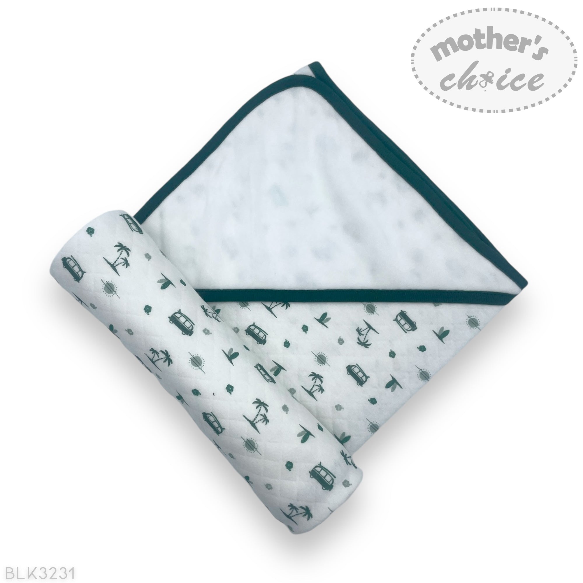 Baby blanket with vehicle pattern and green border on a white background, featuring 'Mother's Choice' branding.