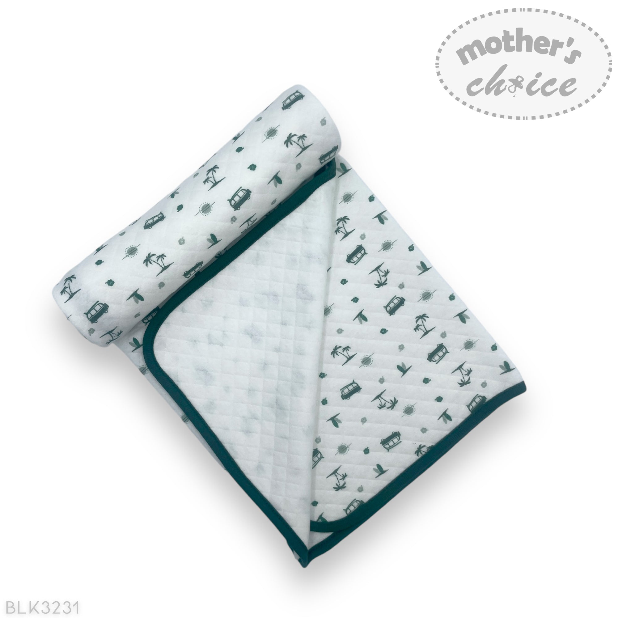 Folded baby blanket with vehicle pattern on a white background, featuring 'Mother's Choice' branding.