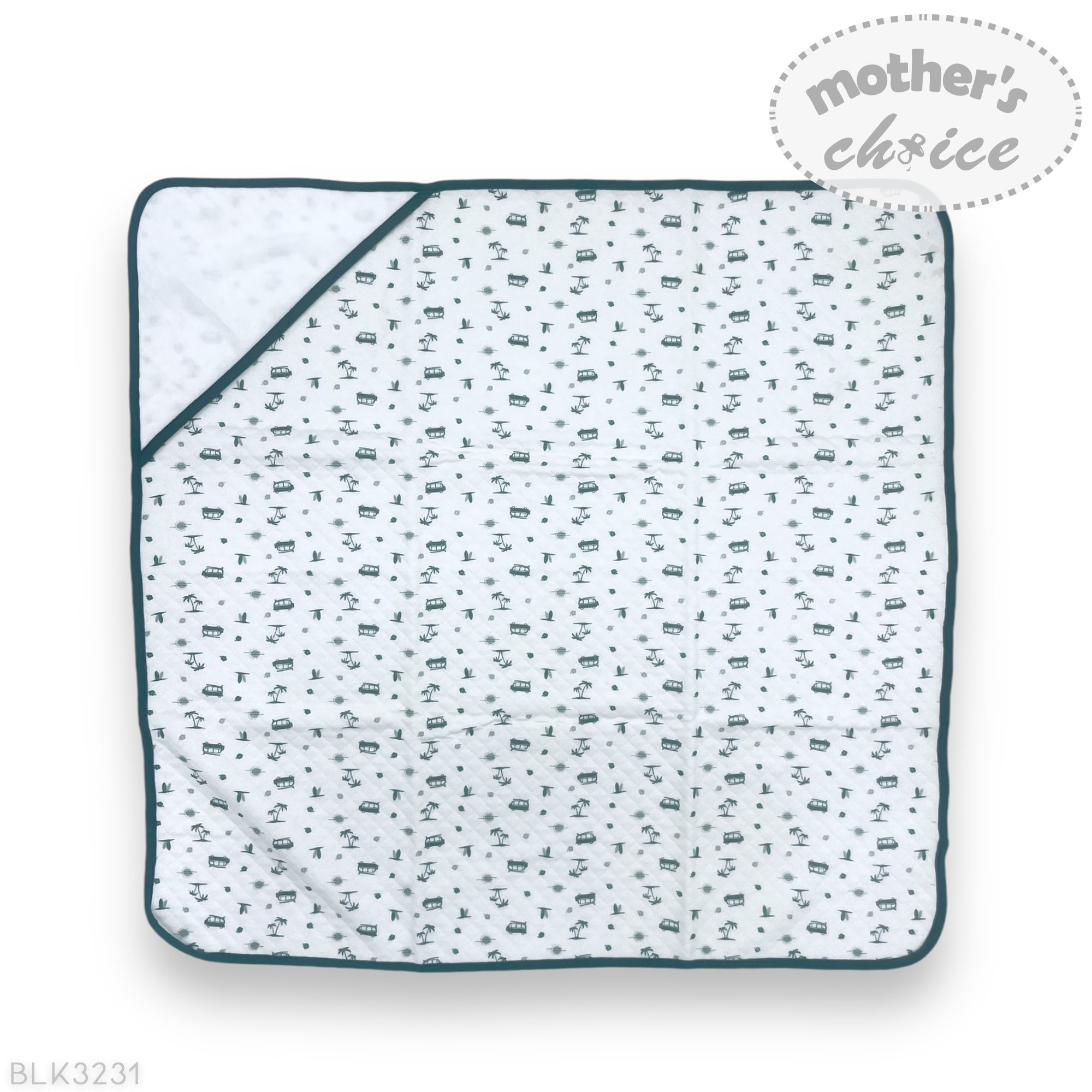 Baby blanket with car pattern on a white background, branded 'Mother's Choice'.