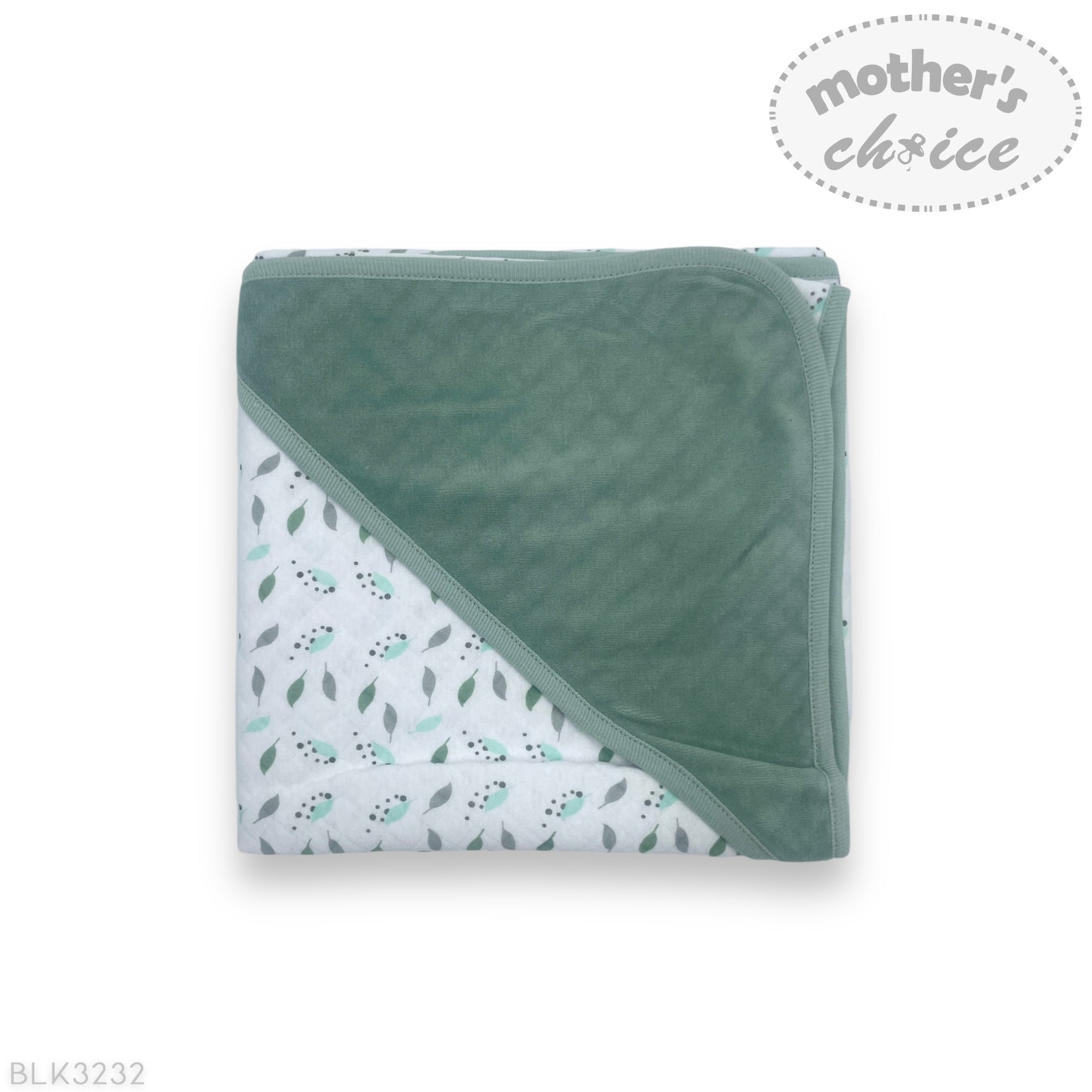 Folded green baby blanket with floral pattern on a white background, featuring 'Mother's Choice' branding.