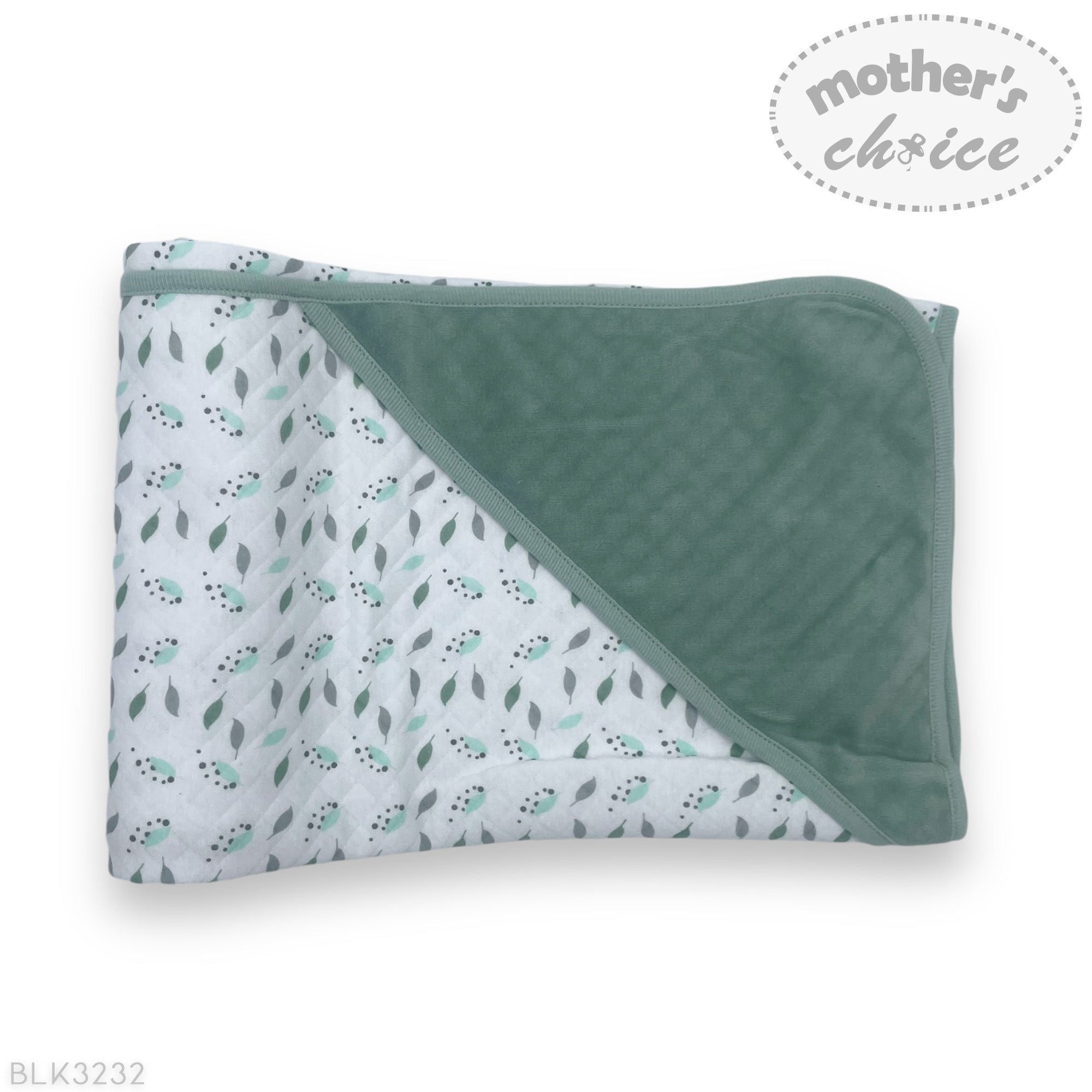 Baby blanket with floral pattern on one side and solid color on the other, branded 'Mother's Choice'.