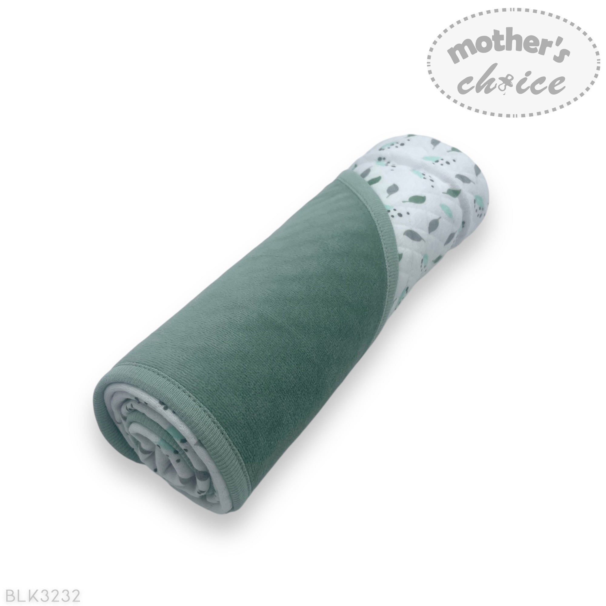 Folded green blanket with patterned edge on a white background, featuring 'Mother's Choice' branding.