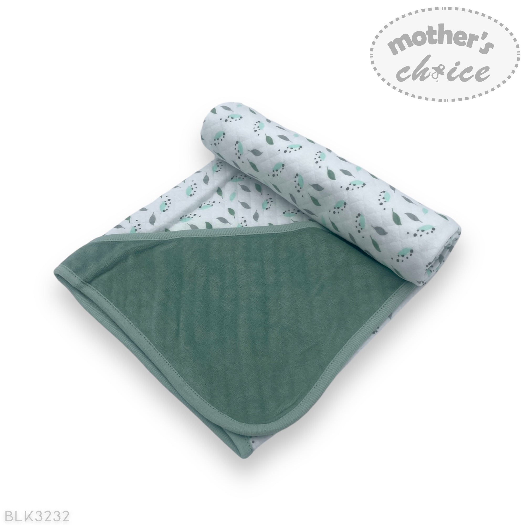 Folded baby blanket with floral pattern on one side and solid color on the other, branded 'Mother's Choice'.