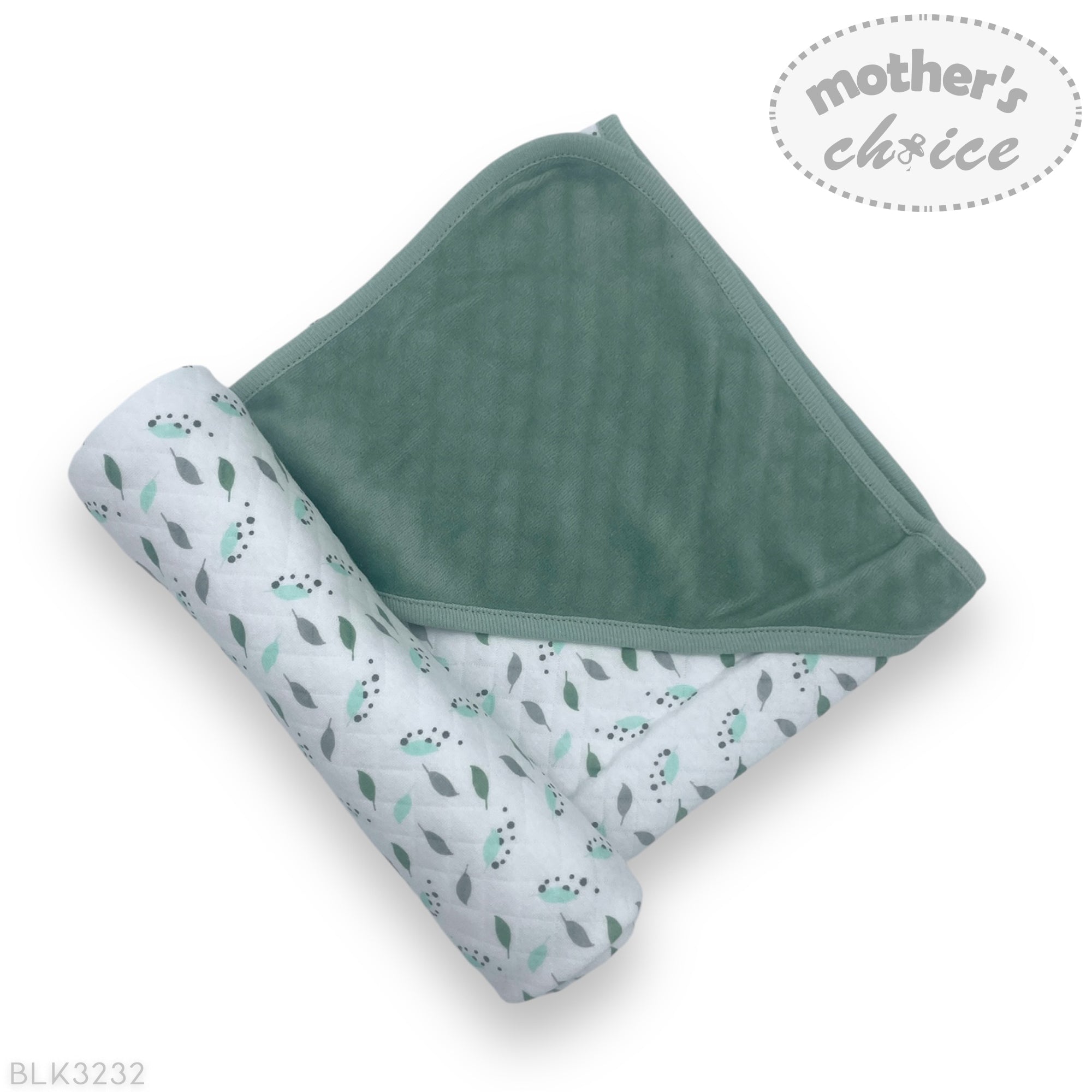 Two baby blankets, one green and one with a floral pattern, on a white background with 'mother's choice' branding.