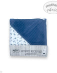 Folded blue and patterned baby hooded receiver with 'Mother's Choice' branding on a white background.