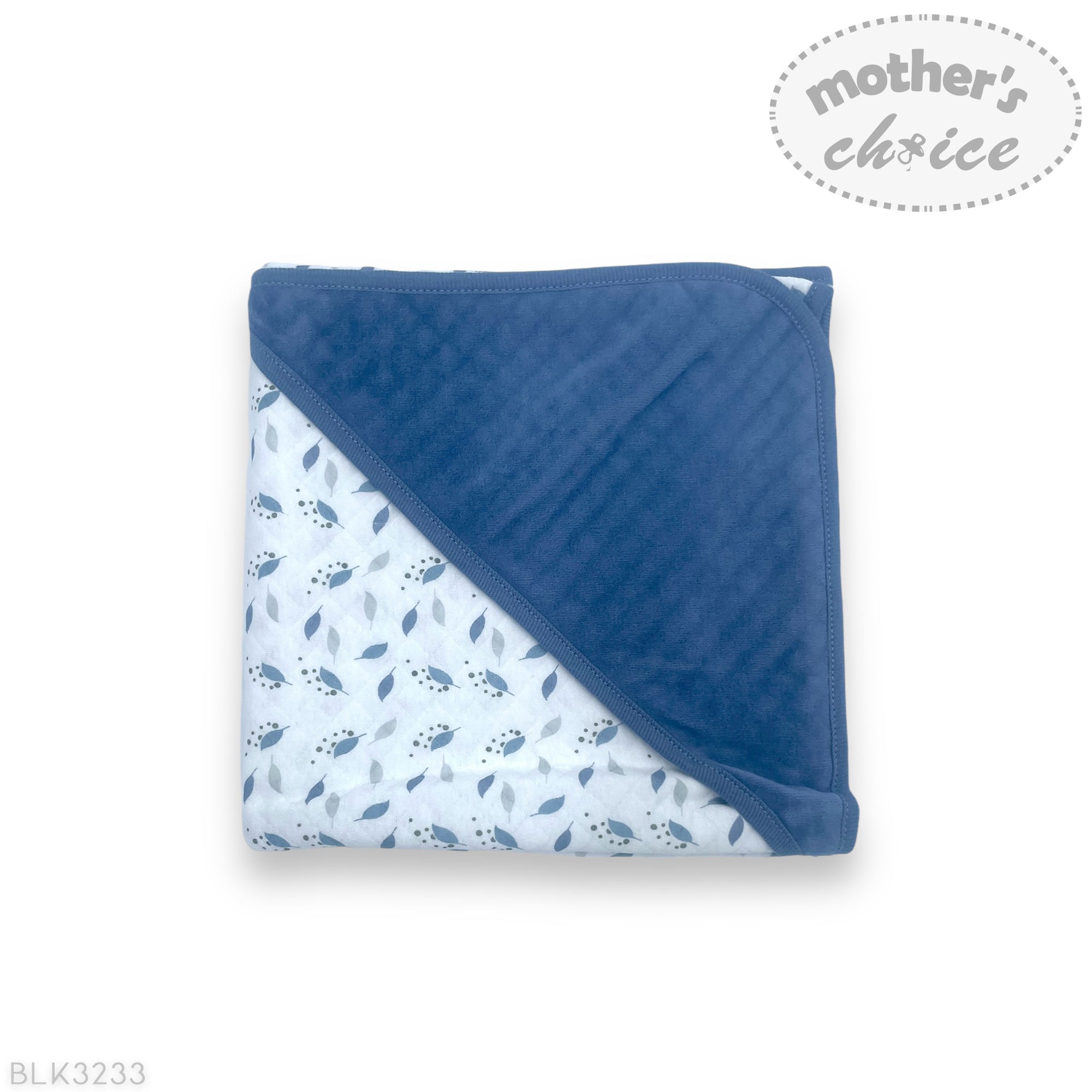 Baby blanket with blue and white pattern on a white background, featuring 'Mother's Choice' branding.