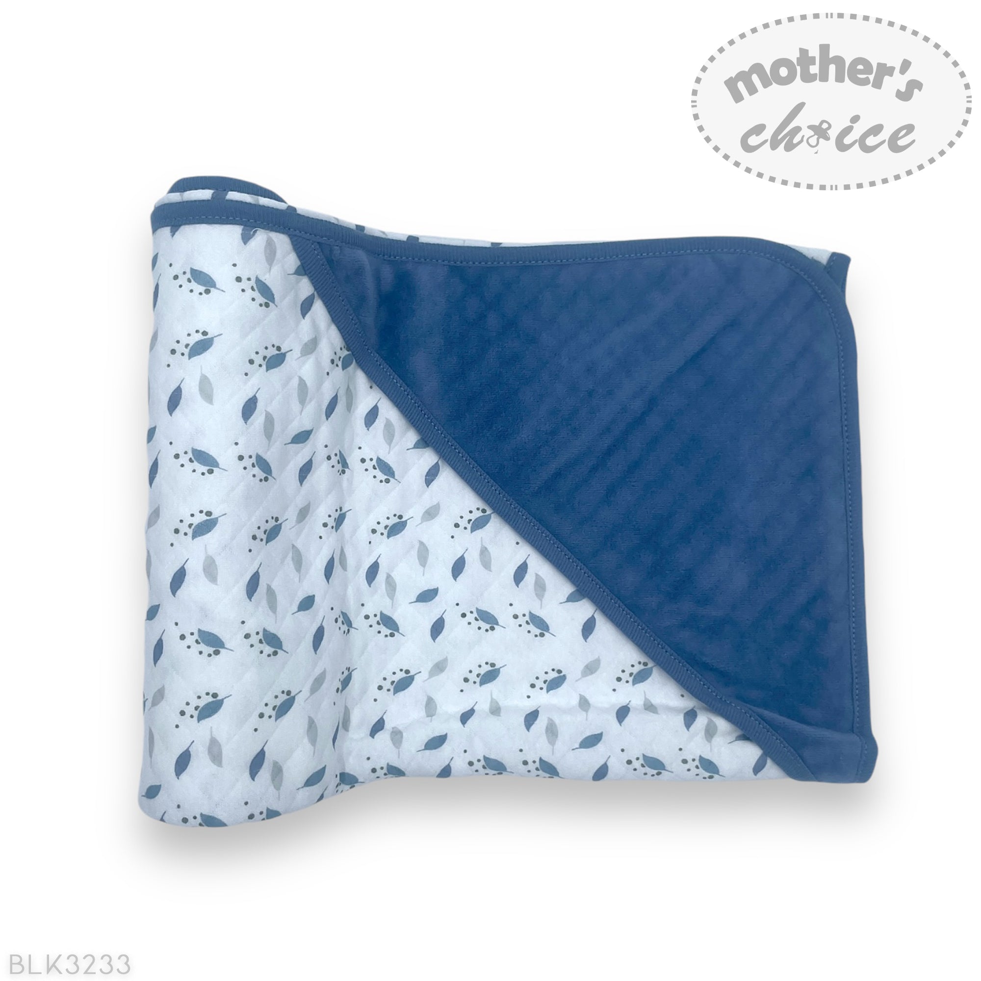 Baby blanket with blue and white pattern on a white background, featuring 'Mother's Choice' branding.