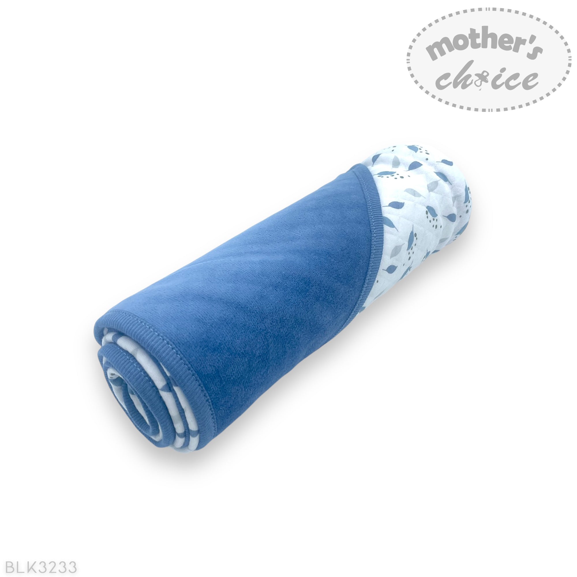 Rolled-up blue blanket with a patterned edge on a white background, featuring 'Mother's Choice' branding.