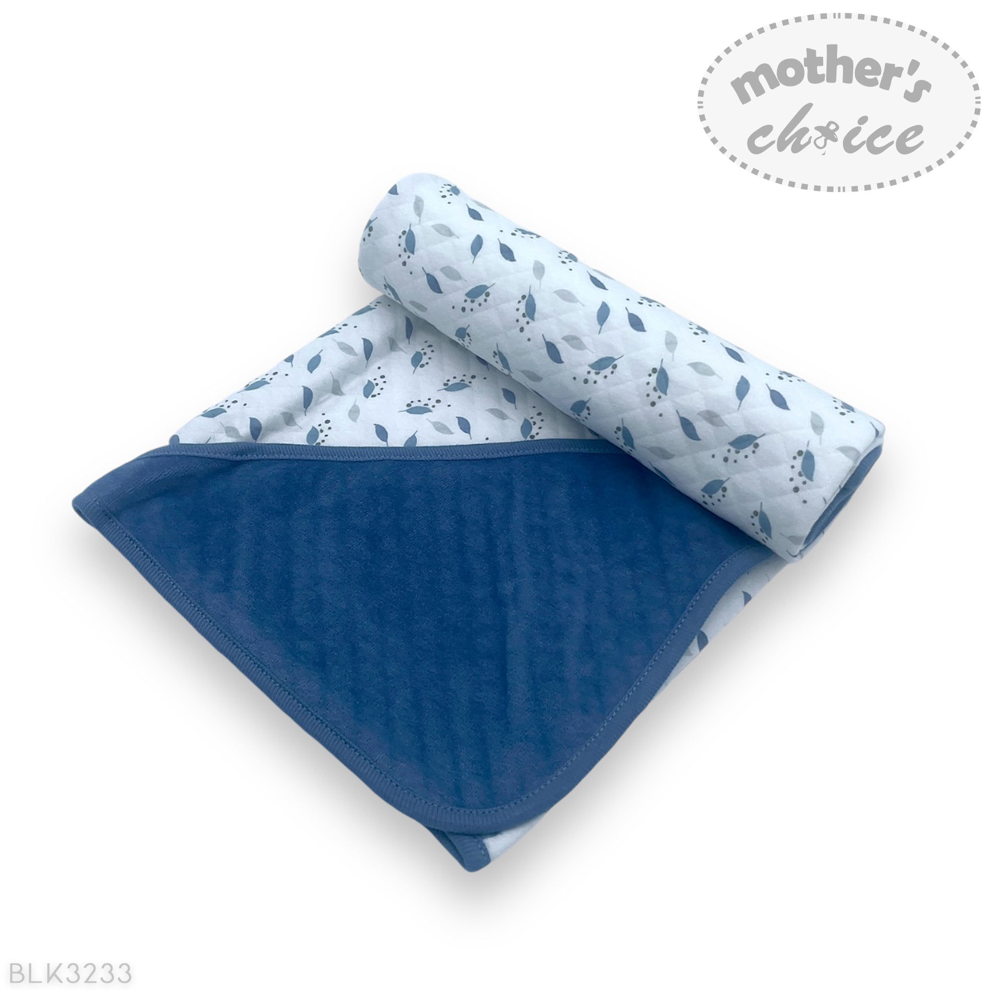 Blue and white baby blanket with paw print pattern on a white background, featuring 'Mother's Choice' branding.
