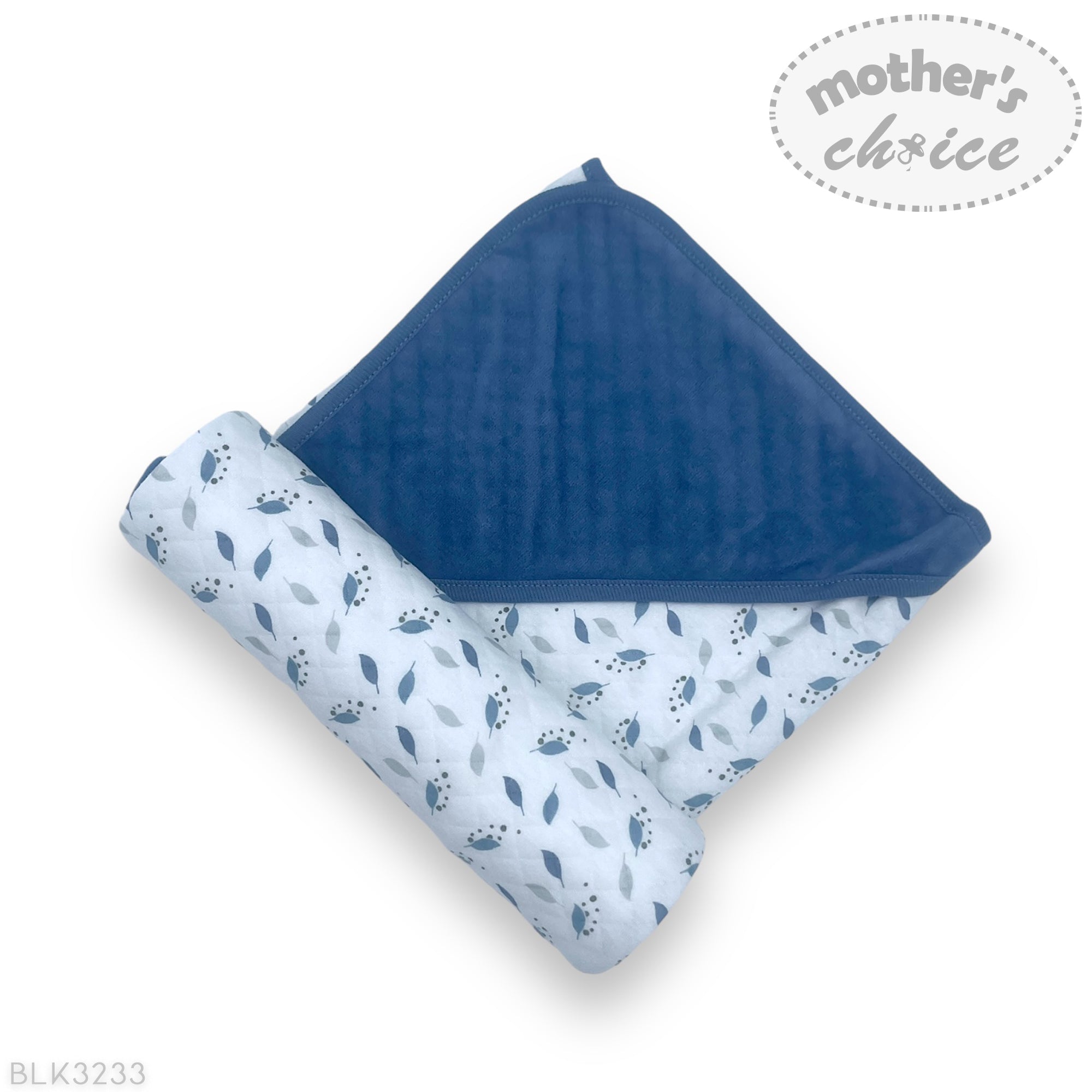 Blue baby blanket with paw print pattern on a white background, featuring 'mother's choice' branding.