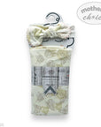 Baby headband and swaddle set with floral design in packaging on a white background