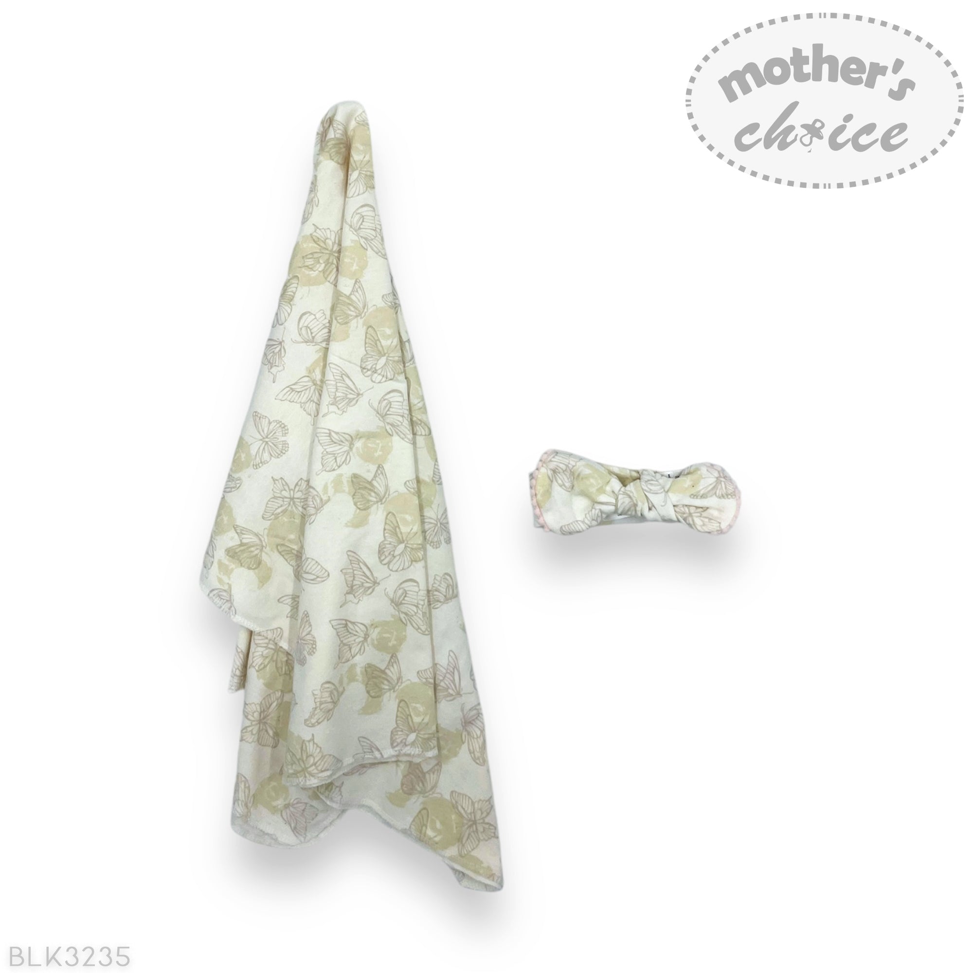 Baby blanket with elephant pattern and matching headband on a white background, featuring 'mother's choice' branding.