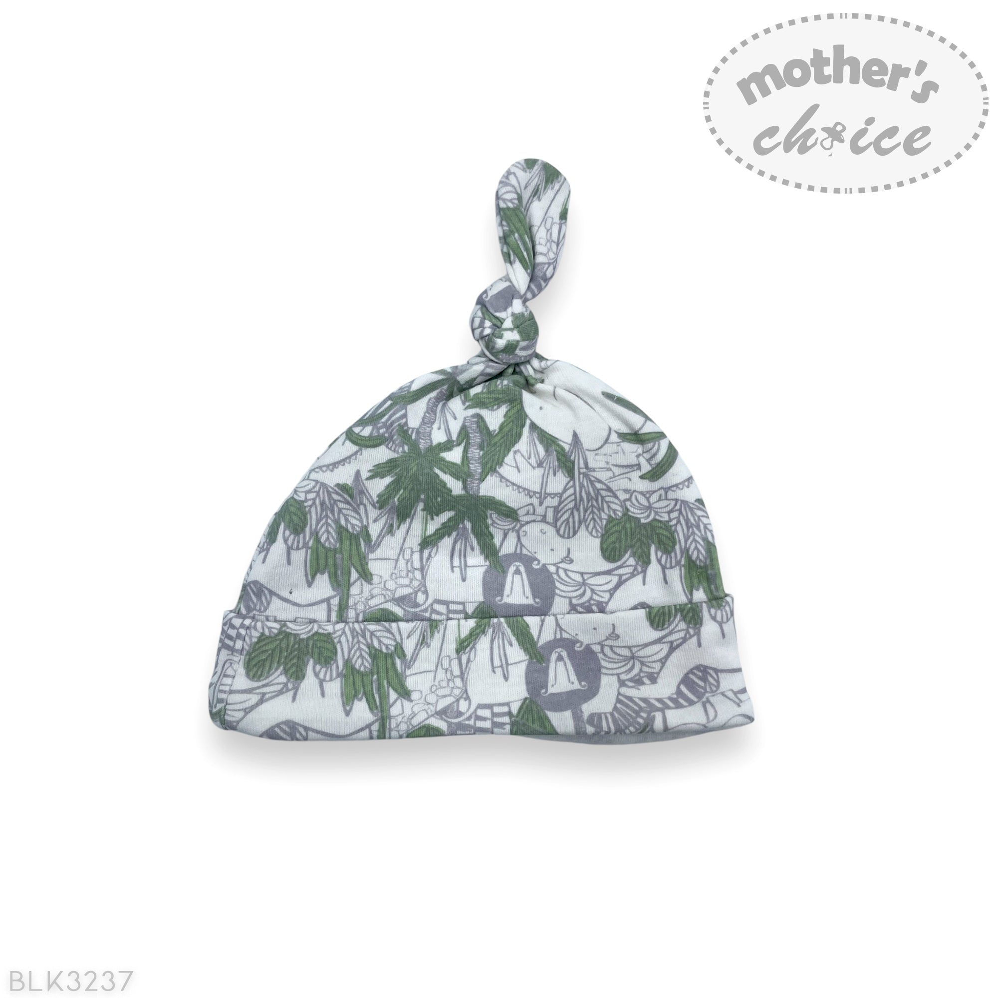Baby hat with green leaf pattern on a white background, featuring 'mother's choice' branding.