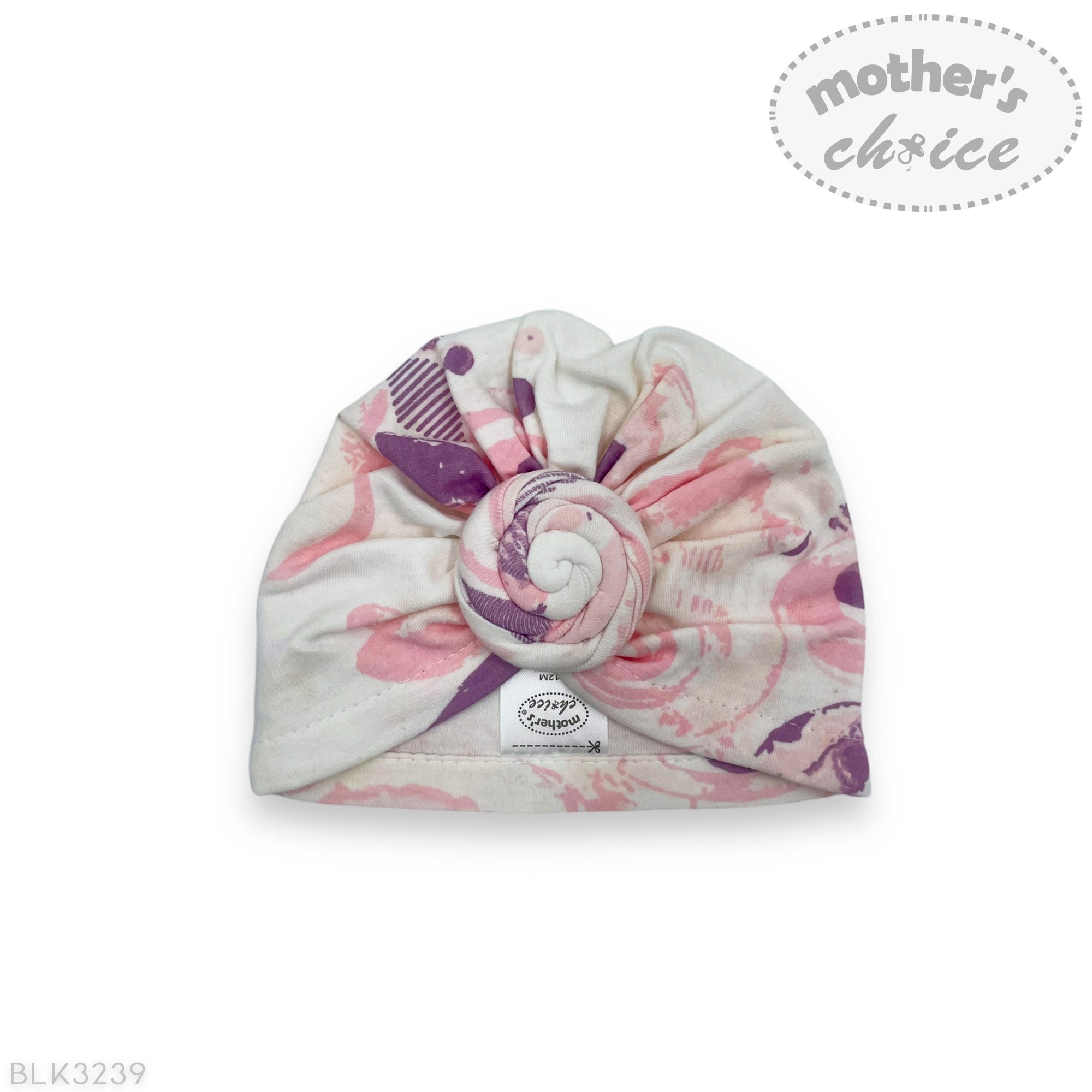 Baby turban with floral pattern on a white background, featuring 'mother's choice' branding.