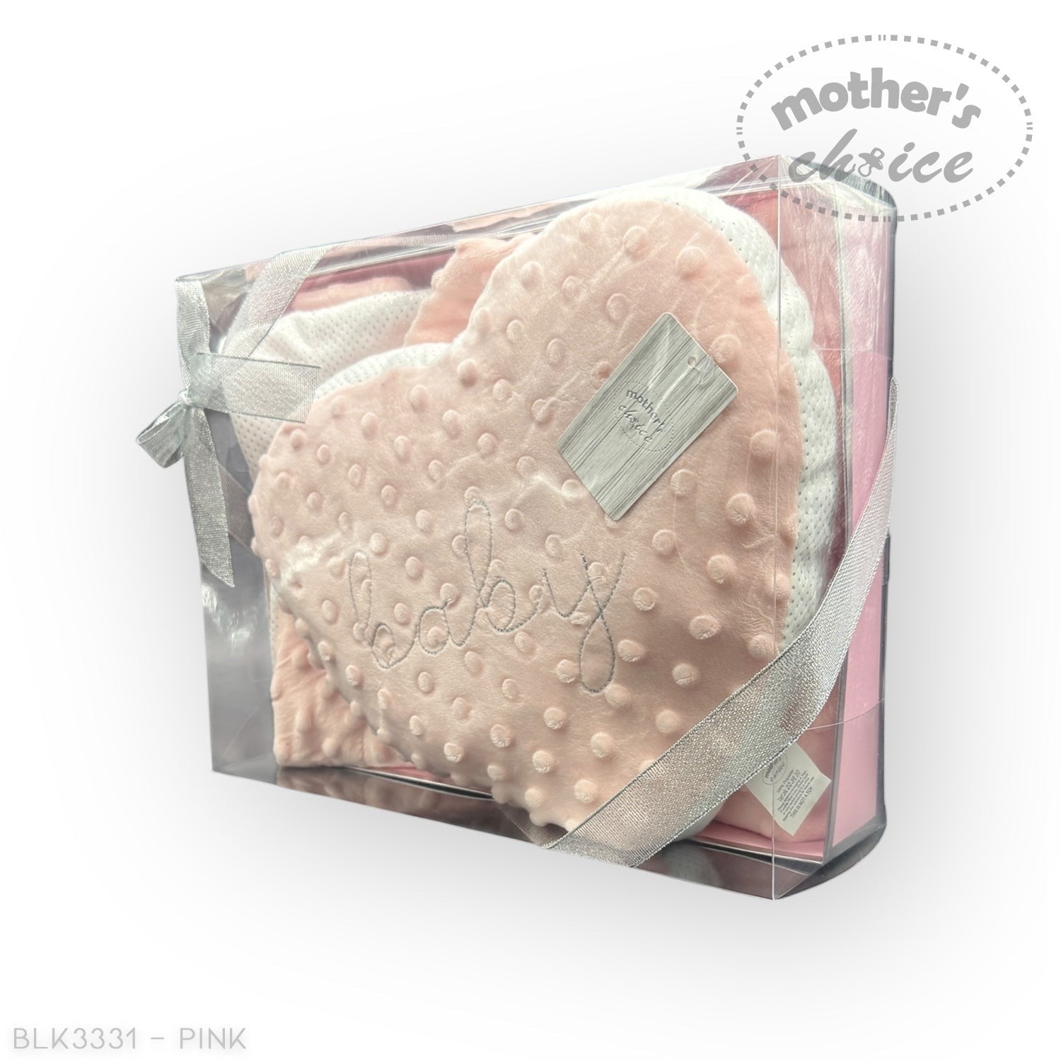 Pink heart-shaped plush toy in clear packaging with 'Mother's Choice' branding.