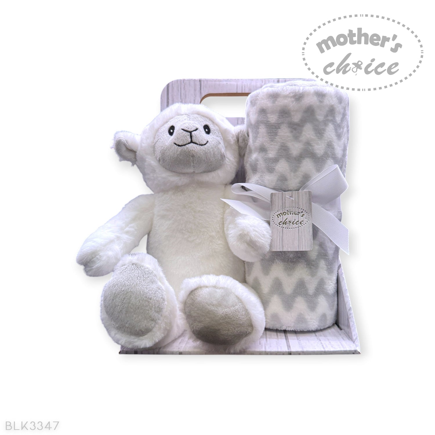 Baby gift set with white teddy bear and gray chevron blanket in a box, branded 'Mother's Choice'.