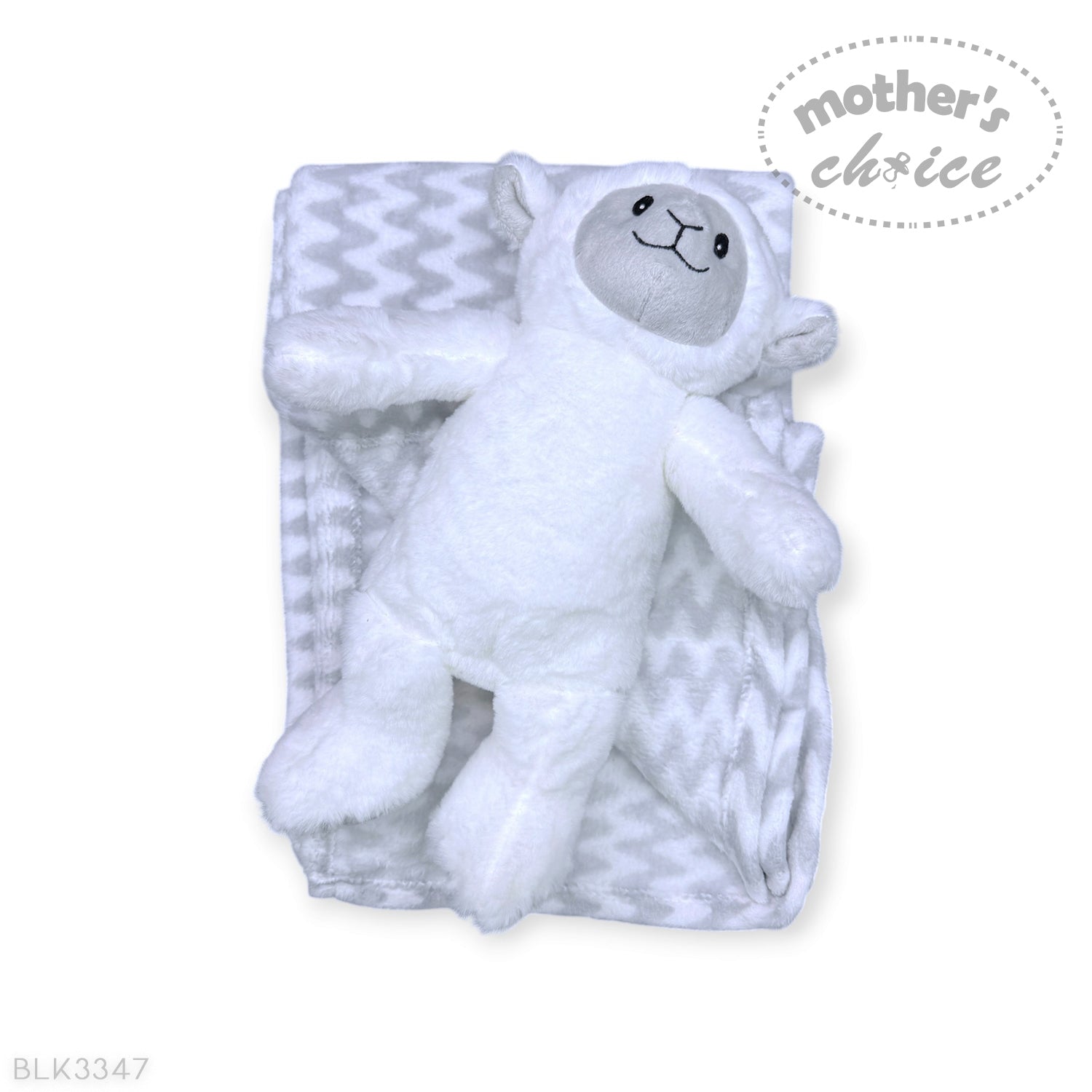 White plush bear toy with a quilted blanket on a white background, featuring 'Mother's Choice' branding.