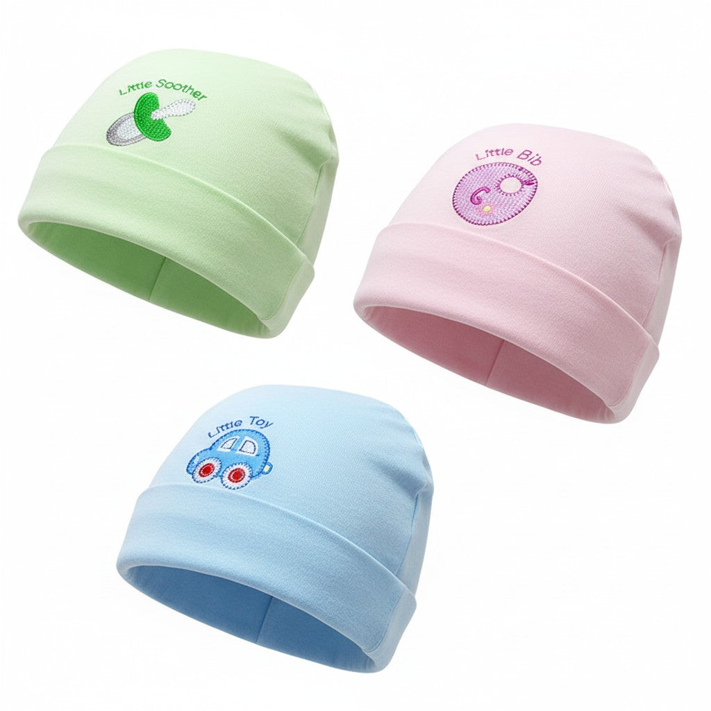Three baby hats in green, pink, and blue with embroidered designs on a white background.