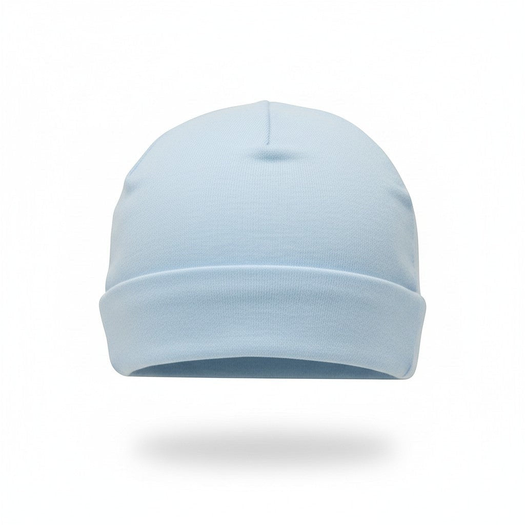 Light blue beanie on a white background