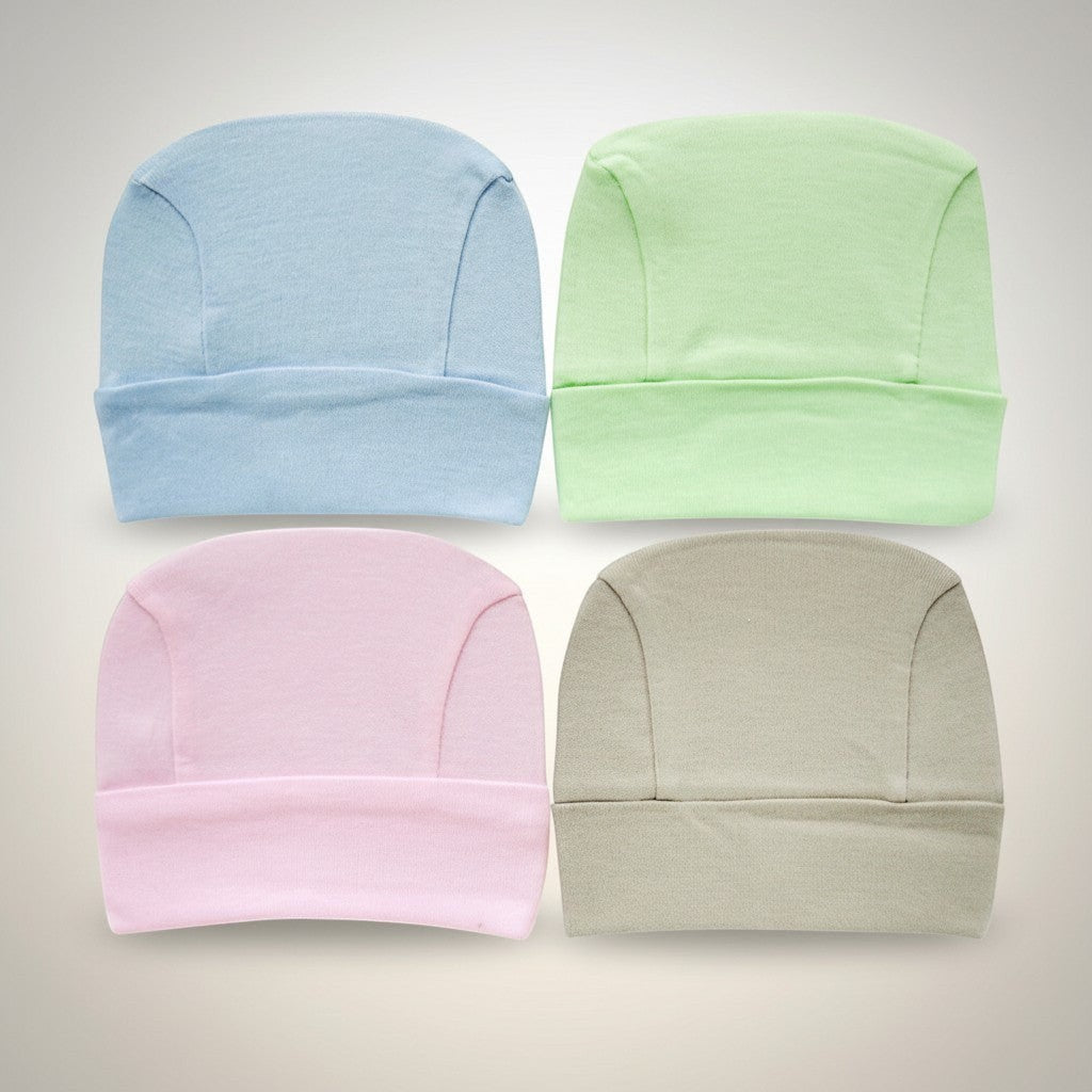Four baby hats in blue, green, pink, and gray on a light gray background
