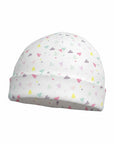 White baby hat with colorful triangle pattern on a white background