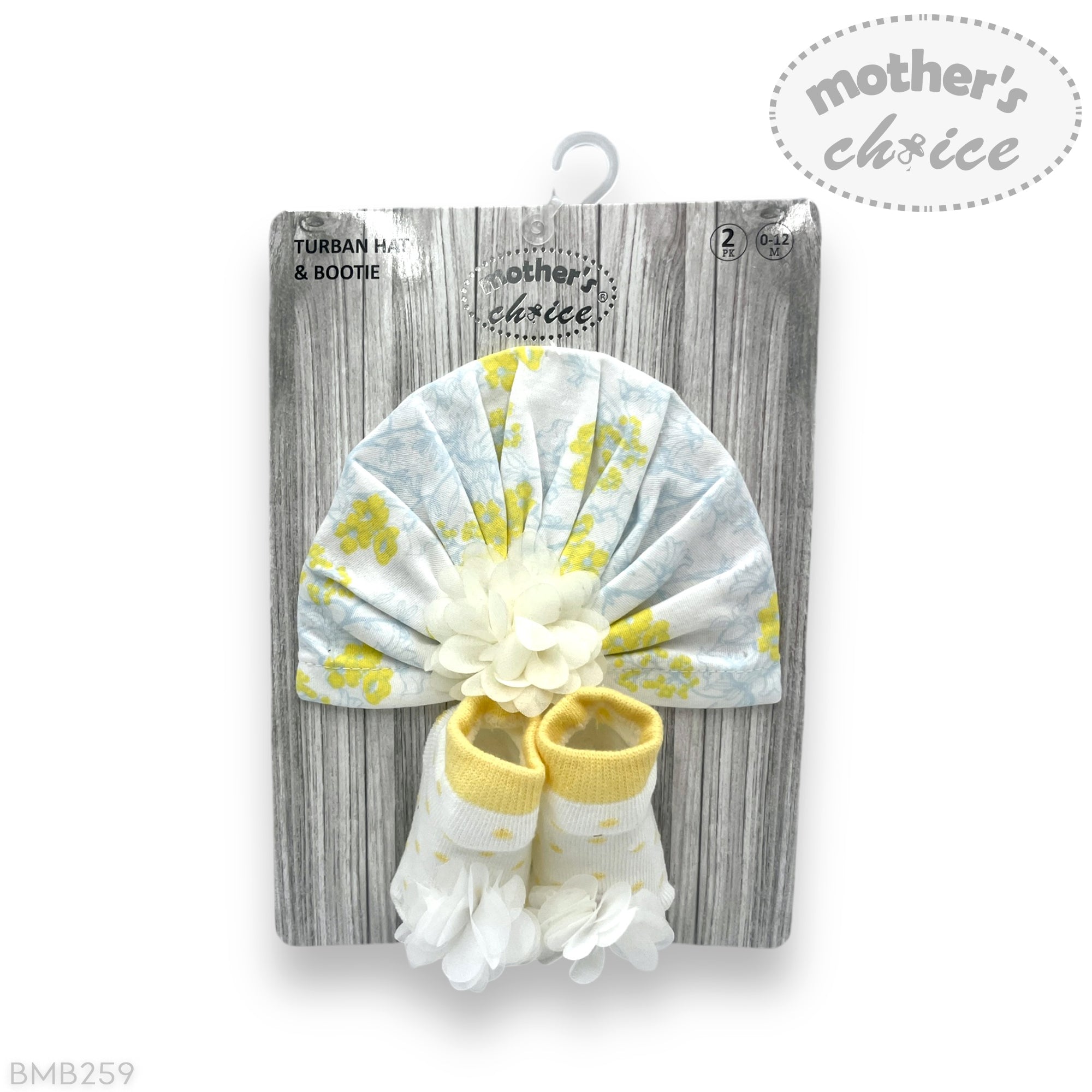 Baby turban and booties set on a 'Mother's Choice' branded card with a white background.