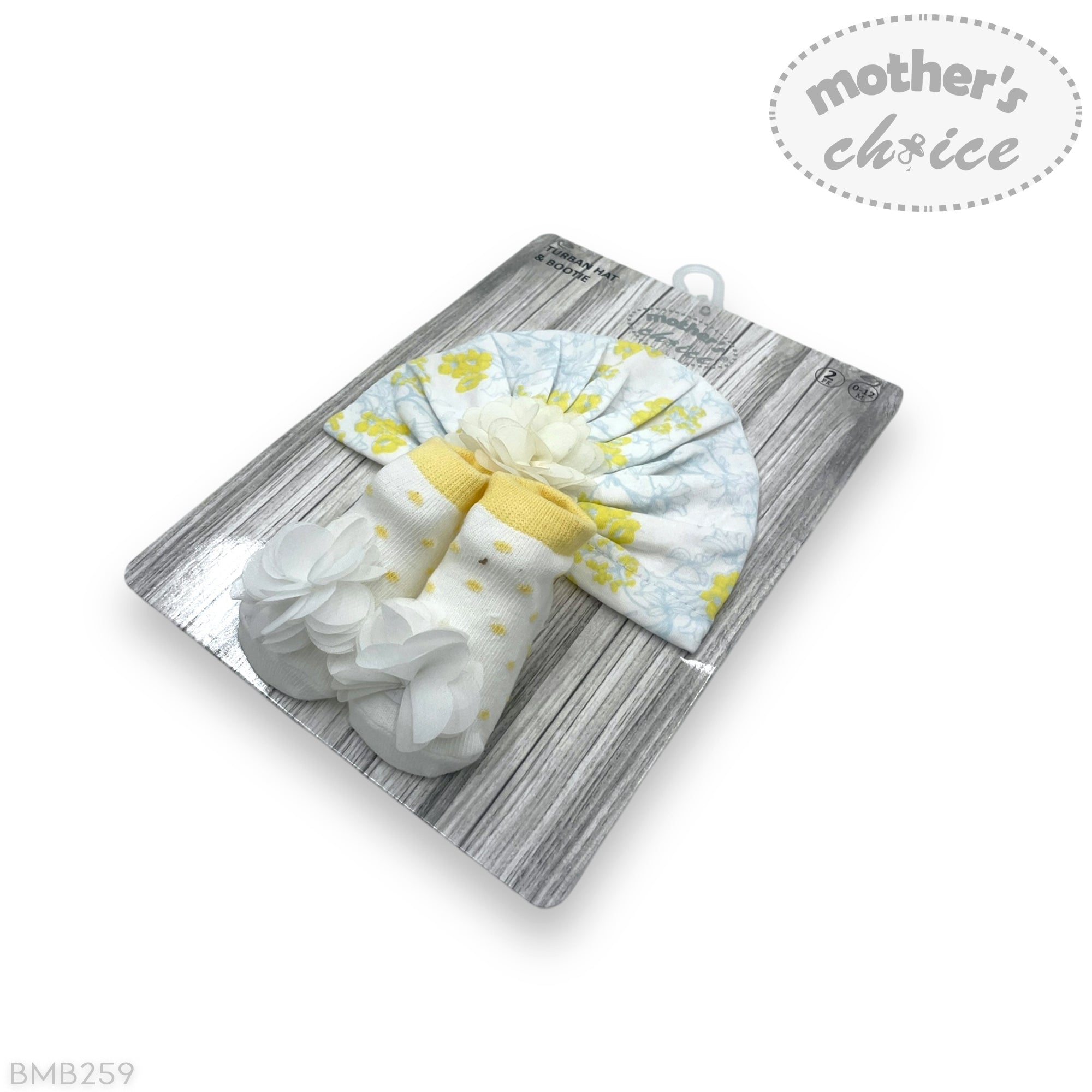 Baby booties with yellow and white pattern on a wooden surface, branded 'Mother's Choice'.