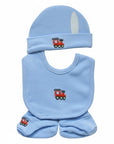Baby blue outfit set with train design on a white background