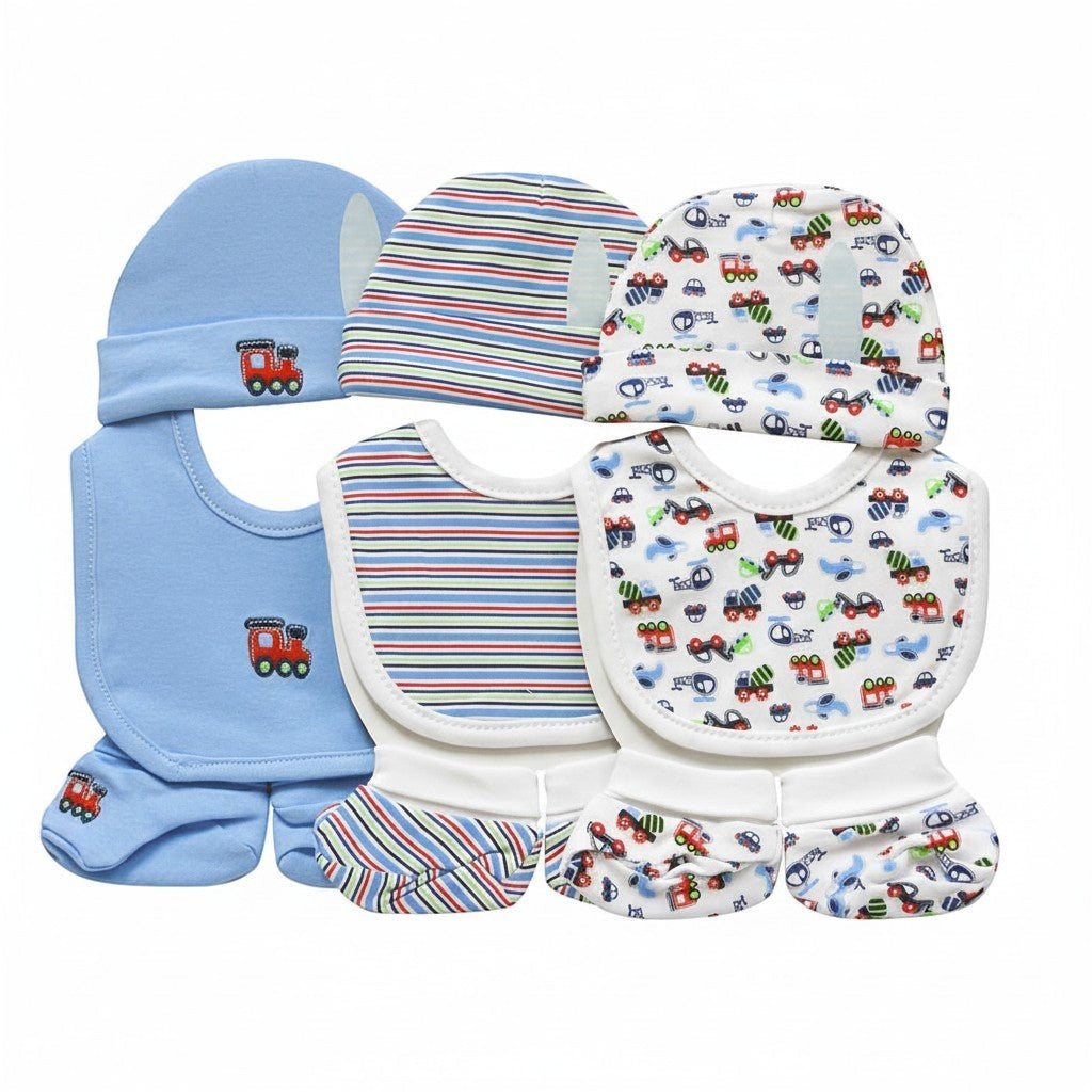 Set of baby clothing including hats, bibs, and socks with train designs on a white background.