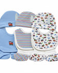 Set of baby clothing including hats, bibs, and socks with train designs on a white background.