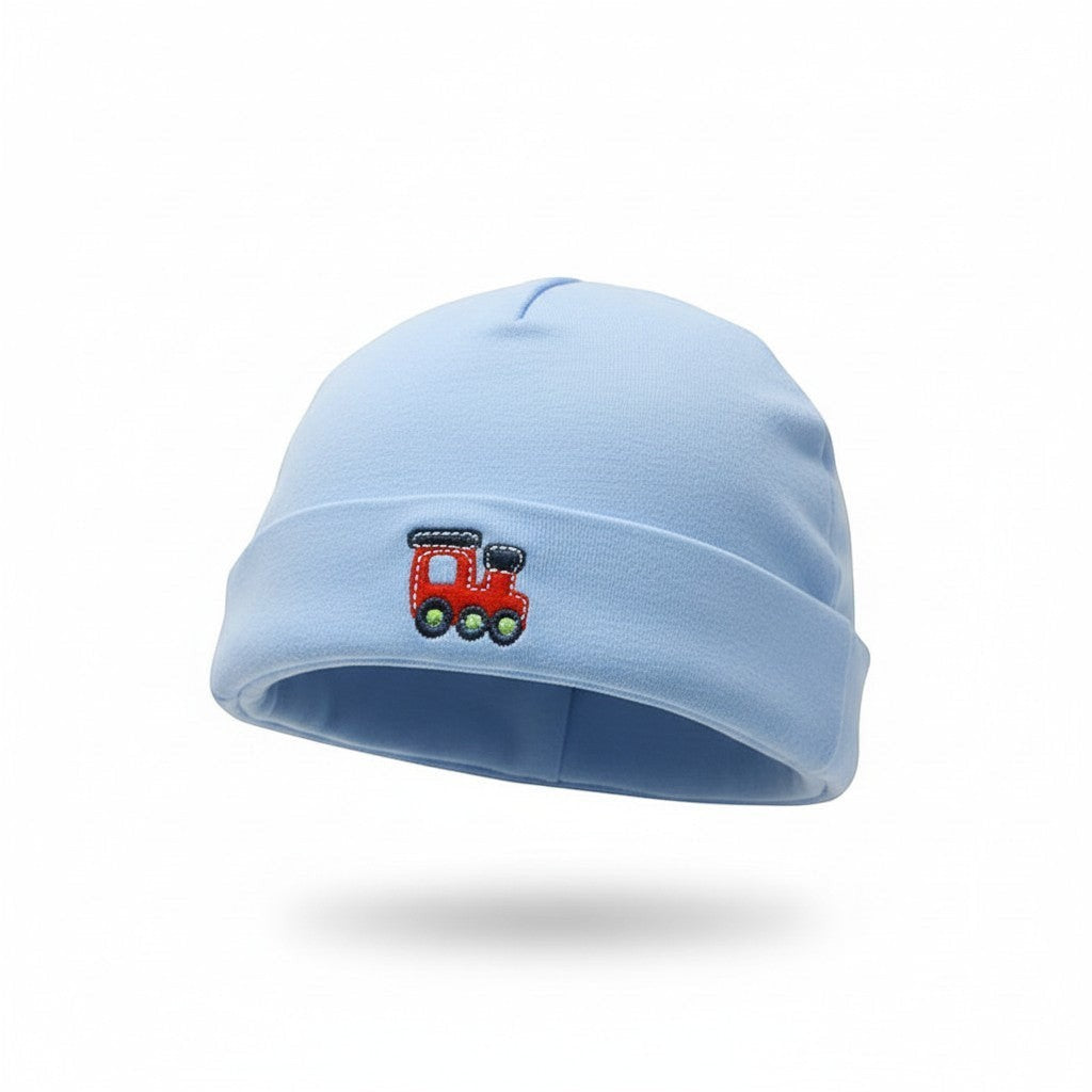 Light blue beanie with a red train design on a white background